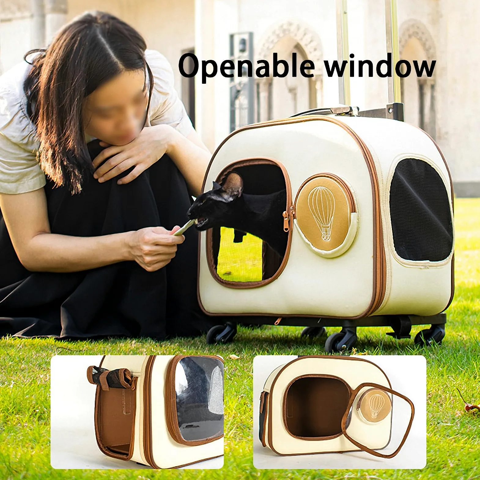 Oddychający nosidełko na wózek dla zwierząt z kółkami, z regulacją wysokości, przenośny plecak dla małego psa i kota, beżowy 1 (Beige2 Size)