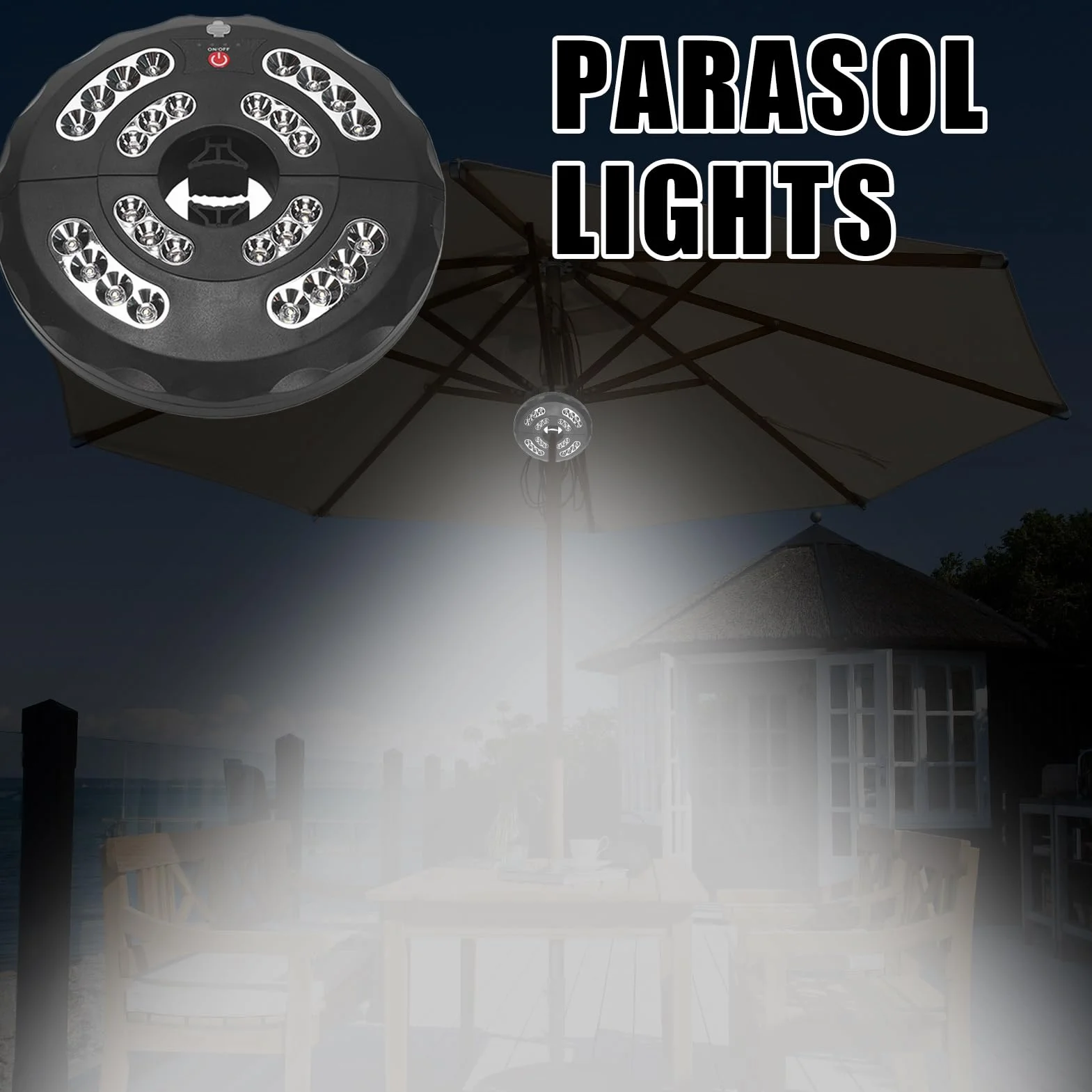 Oświetlenie pod parasolem, ładowalna lampa słupowa LED, 20 x 20 x 3,5 cm, regulowane tryby jasności, do ogrodu, na podwórko, basen i wieczorne spotkania