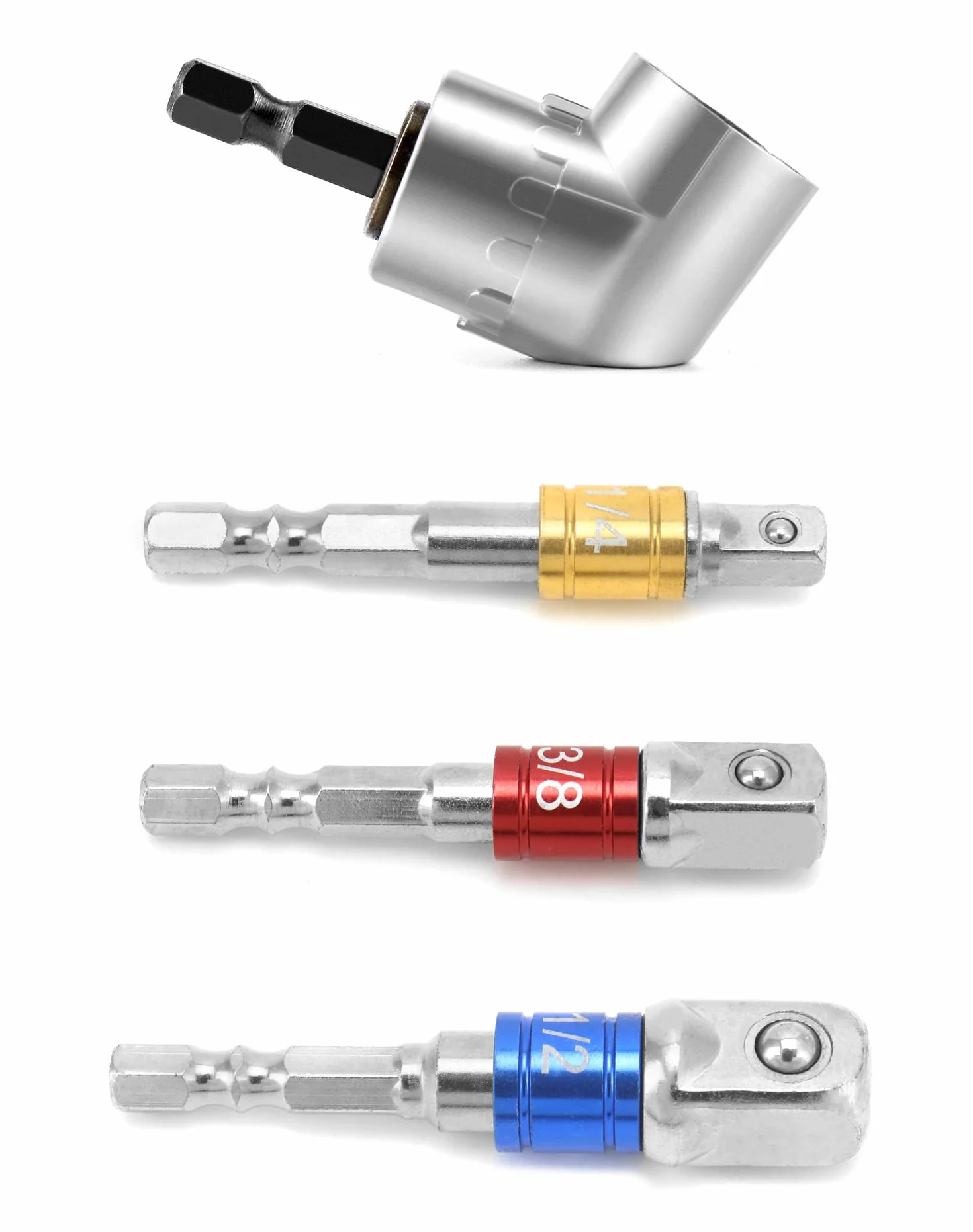 QWORK® Adapter do wkrętarki kątowej 105°, adapter kątowy do wkrętarki akumulatorowej, wiertło z chwytem sześciokątnym, z 3-częściowym adapterem nasadowym 1/4" 3/8" 1/2"