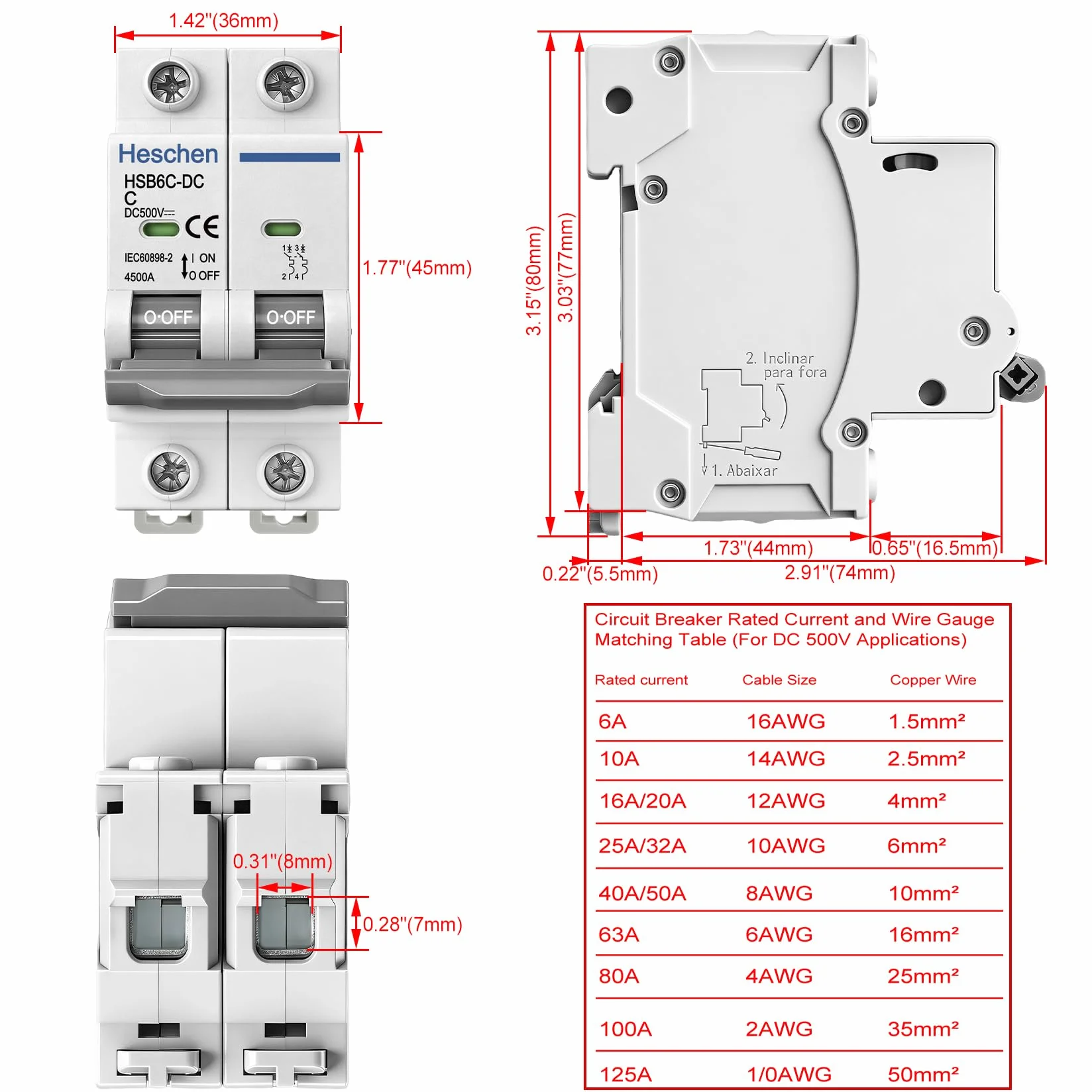 Heschen Miniaturowy wyłącznik mocy DC, HSB6C-DC, 2-biegunowy, DC 500 V 20 A, wyłącznik fotowoltaiczny, do instalacji solarnych PV, ogniwa słoneczne, system kratowy, montaż na szynie DIN 35 mm (20A)