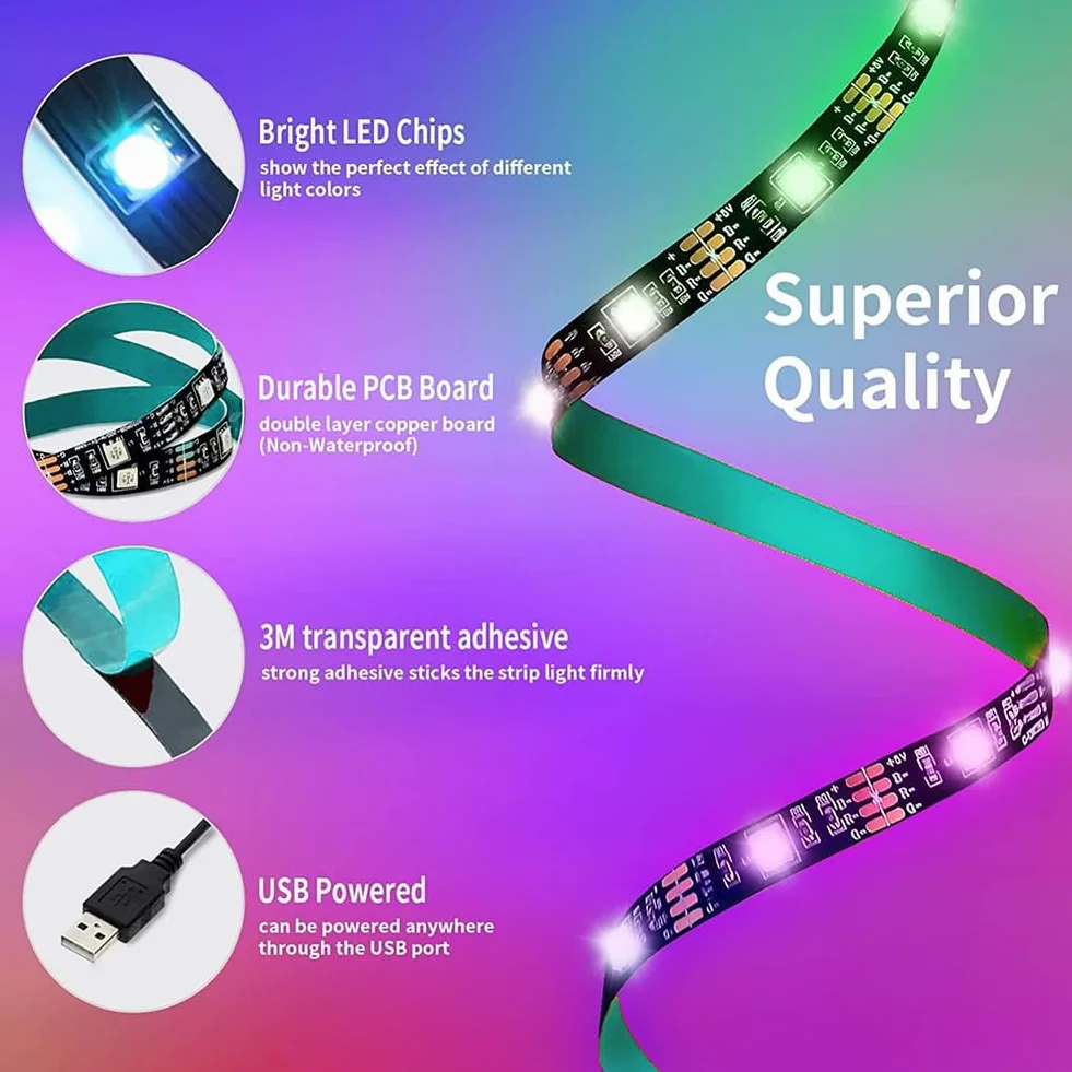 TV LED Podświetlenia 2M, Bluetooth APP Control, Music Sync Color Changing, wrażliwy Mic, Timing Function, USB Powered, Taśma LED do dekoracji kuchni w sypialni TV