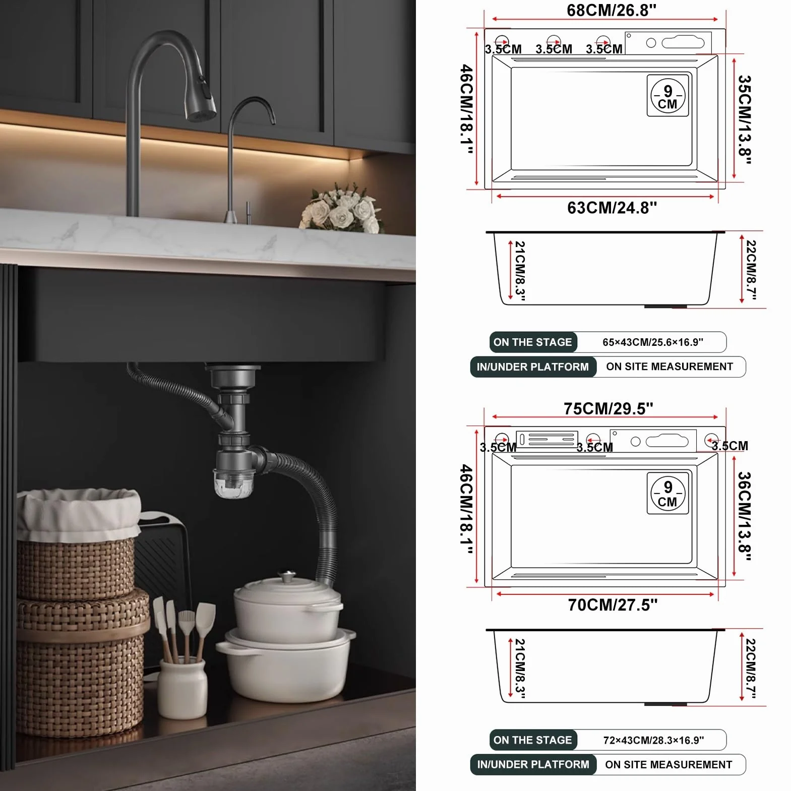 Nano Waterfall Sink Zlewozmywak kuchenny ze stali nierdzewnej 304, domowy, do warzyw, pojedynczy, zlew barowy, z wyciąganym kranem, myjka do kubków, kolor: A; wymiary: 75 x 46 cm