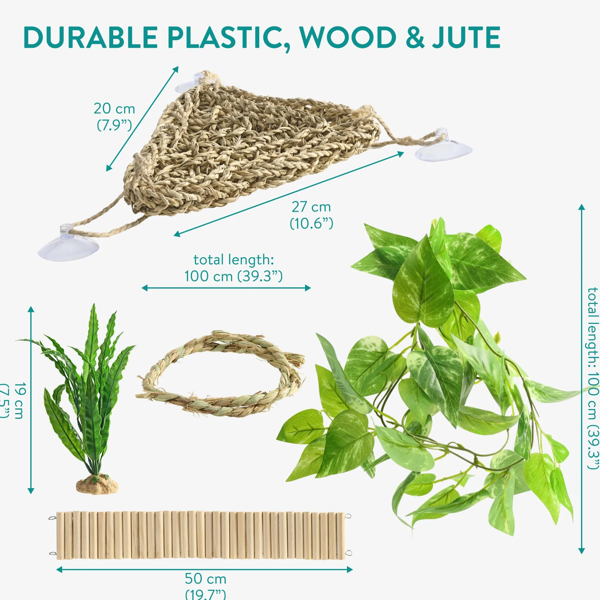 Navaris Zestaw 5 akcesoriów do terrarium z brodą, hamak trójkątny, linka 50 cm, dwie rośliny, drewniany most, pasuje dla gadów