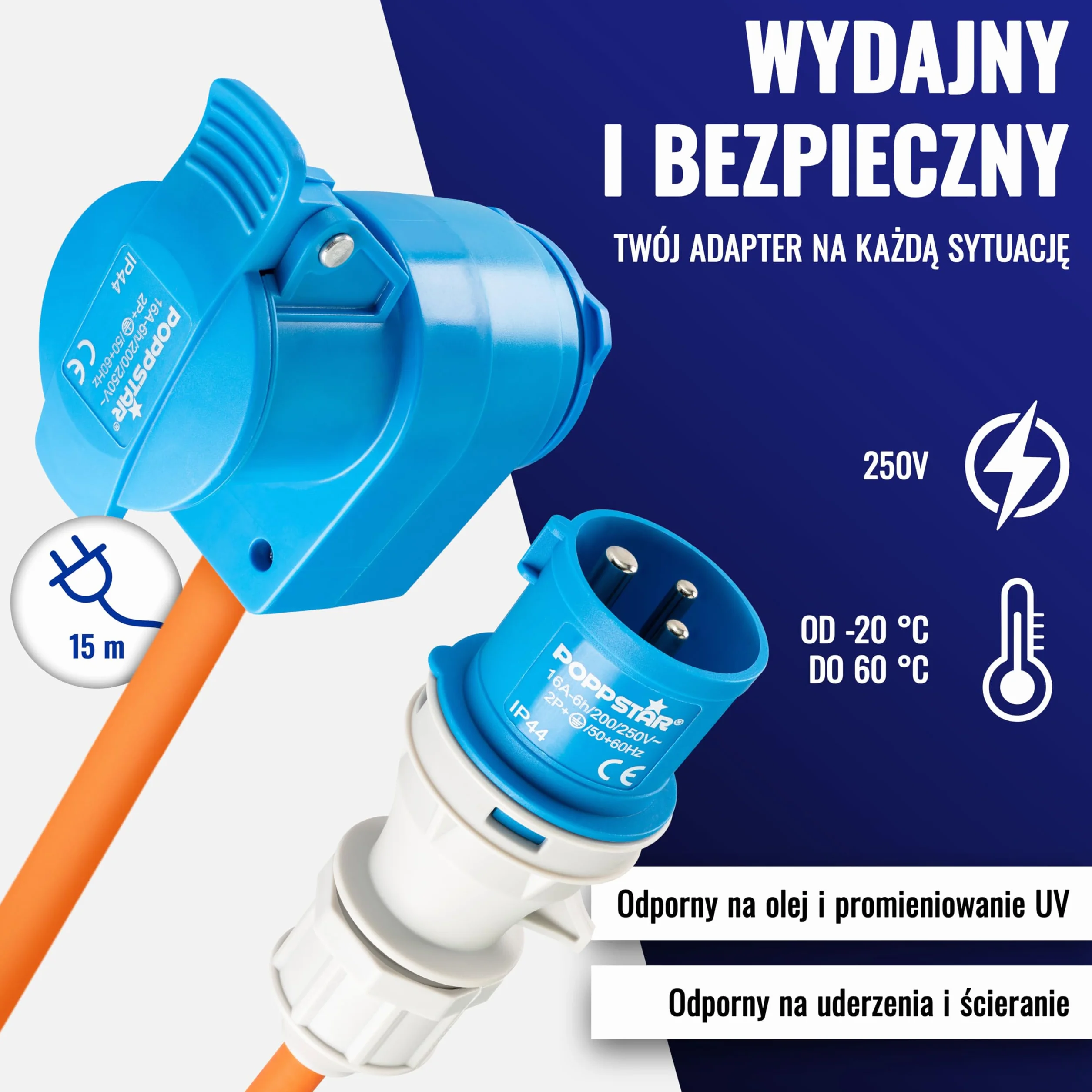 Poppstar kabel CEE 15m z wtyczką Schuko (wtyk CEE 3-biegunowy na gniazdo CEE + gniazdo typu F), 230V/16A, IP44, H07RN-F 3G2.5