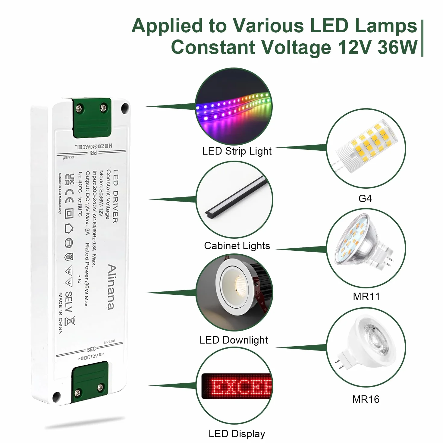 Transformator LED 230V na 12V, Zasilacz LED o Stałym Napięciu 0-36W 3A, Ultracienki Transformator 230V na 12V, Sterownik LED do Zarówek LED MR11 G4 MR16 GU5.3