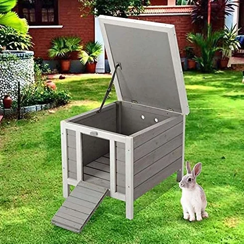 Bunny Business drewniana szara kryjówka, schronienie dla królików i świnek morskich, domek dla królików, chaty i biegi 50 x 42 x 43 cm (szara skóra)