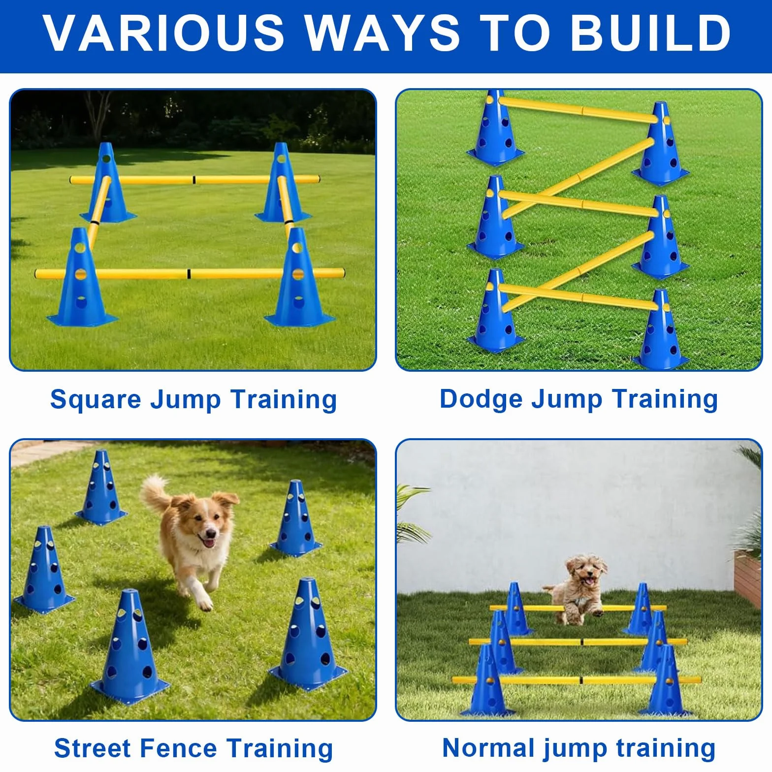 Agility zestaw dla małych psów Cavaletti, płotki wtykowe, akcesoria treningowe, 10 stożków, 5 drążków