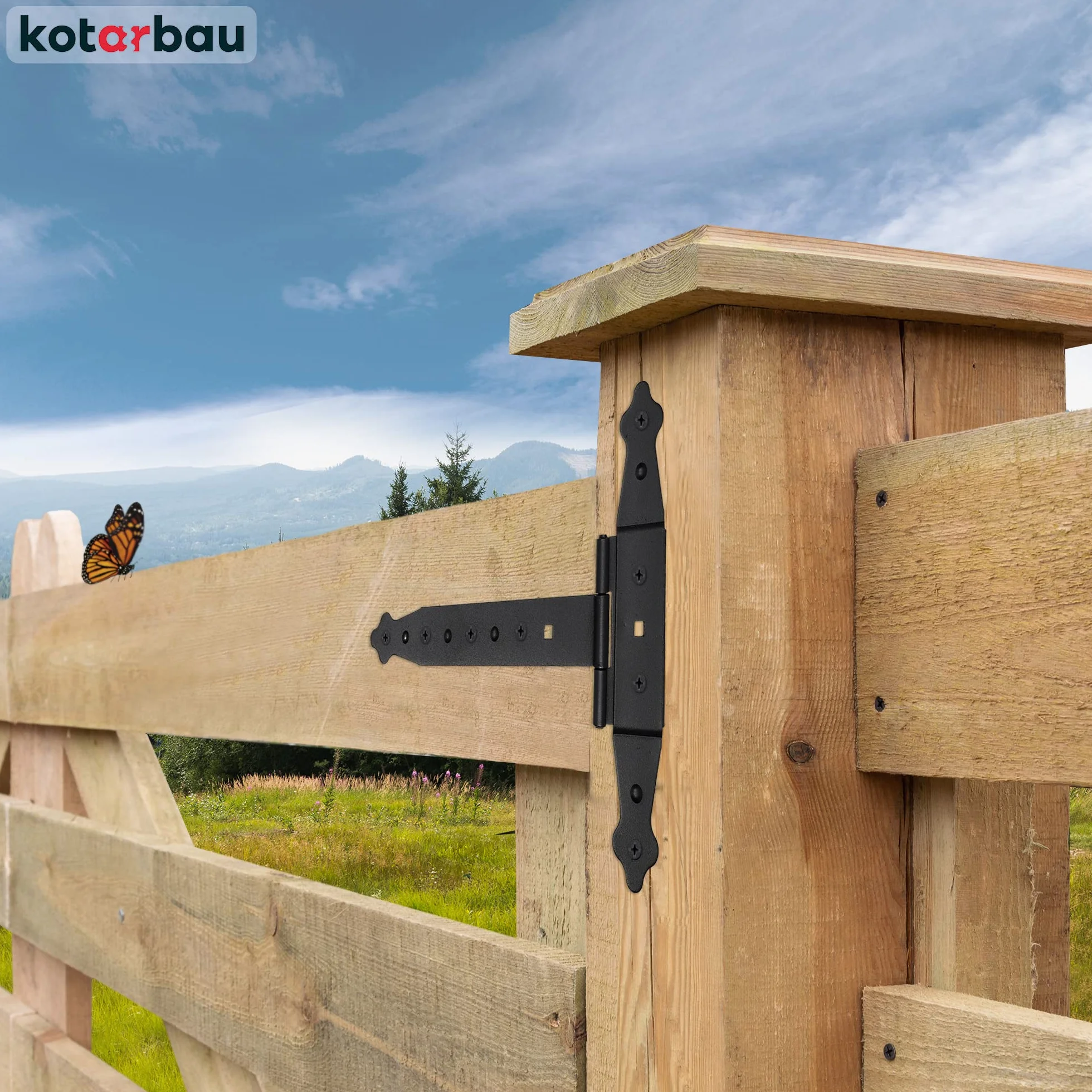 KOTARBAU® Zawias Krzyżowy Czarna Tasma Plyta Okucie Bramy Drewniane Połączenie Wiszące Malowane Proszkowo Zawias Drzwiowy Zewnętrzny Zawiasy Bramy Zawiasy Bramy 200 mm