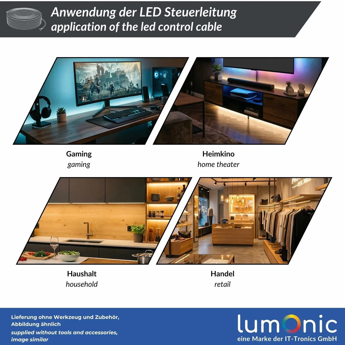 Lumonic 6x0,34mm² RGBW CCT LED Kabel sterujacy 10m | 6-zylowy elastyczny przewód w oslonie | LiYY Rozszerzenie, Kabel zasilajacy, Przewód zasilajacy LED, Kabel sterujacy
