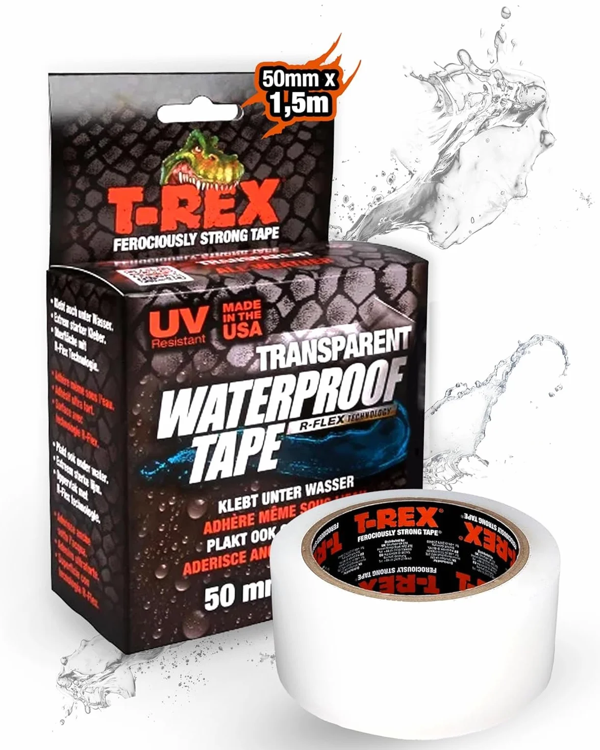 T-Rex 827-01 Przezroczysta wodoodporna taśma – wodoodporna, odporna na warunki atmosferyczne taśma naprawcza do naprawy i uszczelniania basenów, węży i plandek – 50 mm x 1,5 m