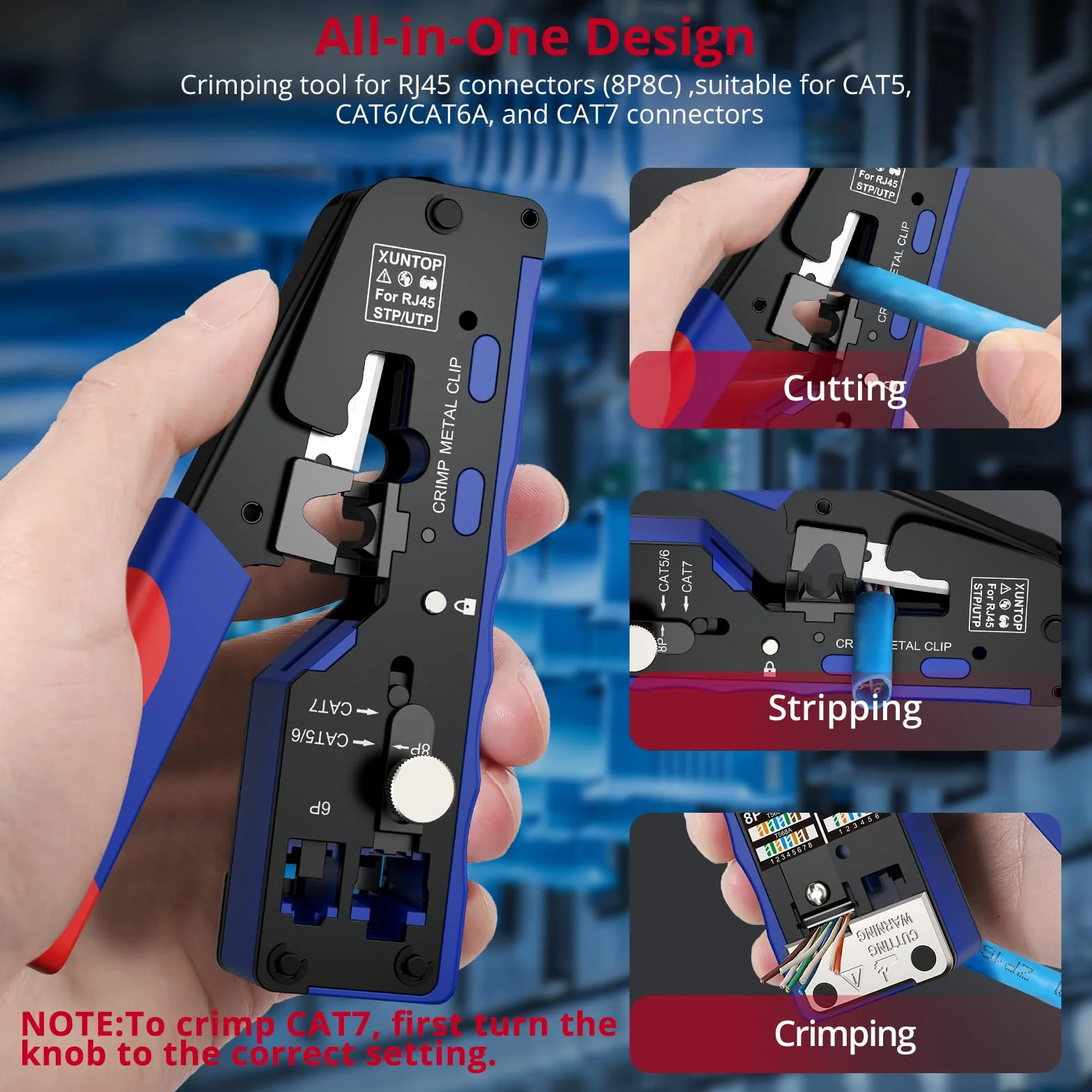 XUNTOP Szczypce zaciskowe RJ45 Pass-Through z 20 złotymi złączami wielofunkcyjnymi do ściągania kabli CAT5/CAT6/CAT7 - narzędzie do cięcia, odgarniania i zaciskania sieci Ethernet z wymienną folią