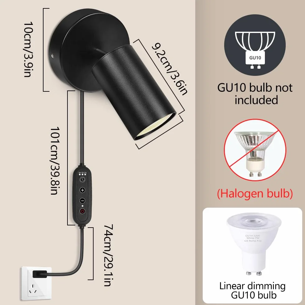 HOTUT GU10 Lampa ścienna, Lampa ścienna z wtyczką i kablem, czarny mat, obracana o 350° lampka nocna, Spot w metalu czarny, lampka do czytania, nowoczesna do sypialni, salonu, korytarz