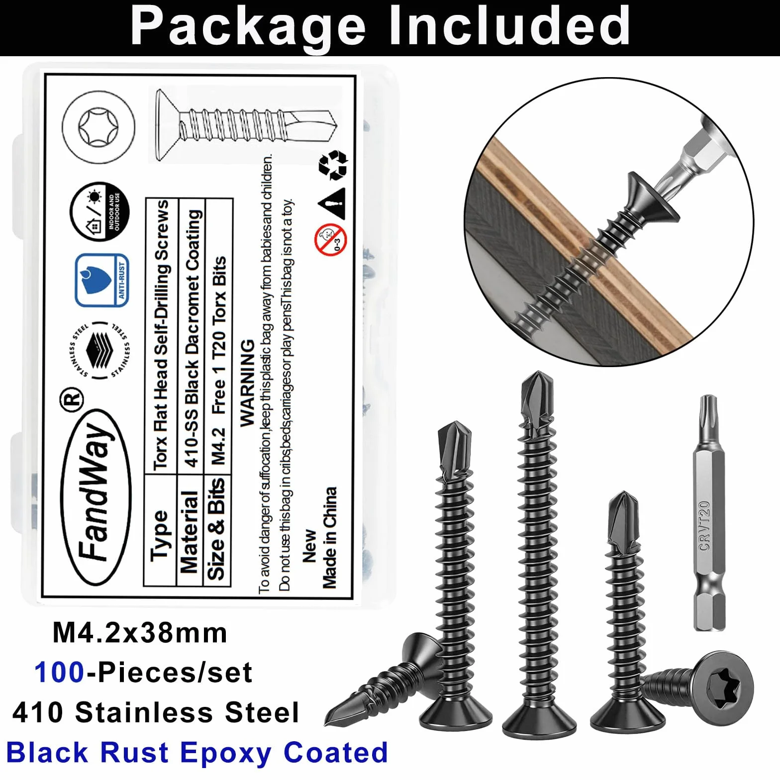 Wkręty samowiercące Torx M4 2x38 mm stal nierdzewna 410 czarne TX20 100 sztuk