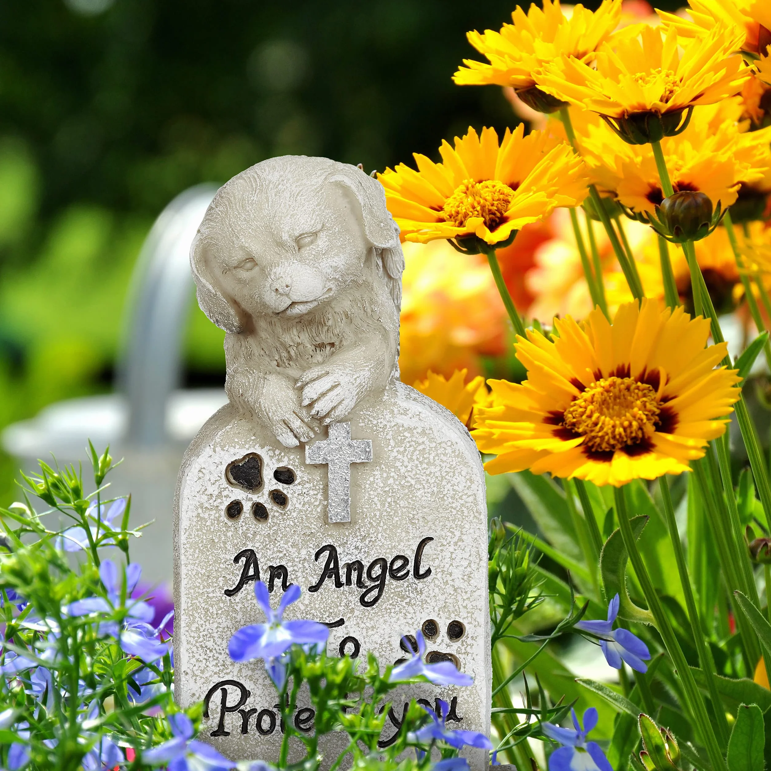 Relaxdays Ozdoba nagrobna dla psa, odporna na warunki atmosferyczne, kamień pamiątkowy ze zwierzęciem, z krzyżem, anioł dla psa, napis: An Angel to Protect You, kremowy