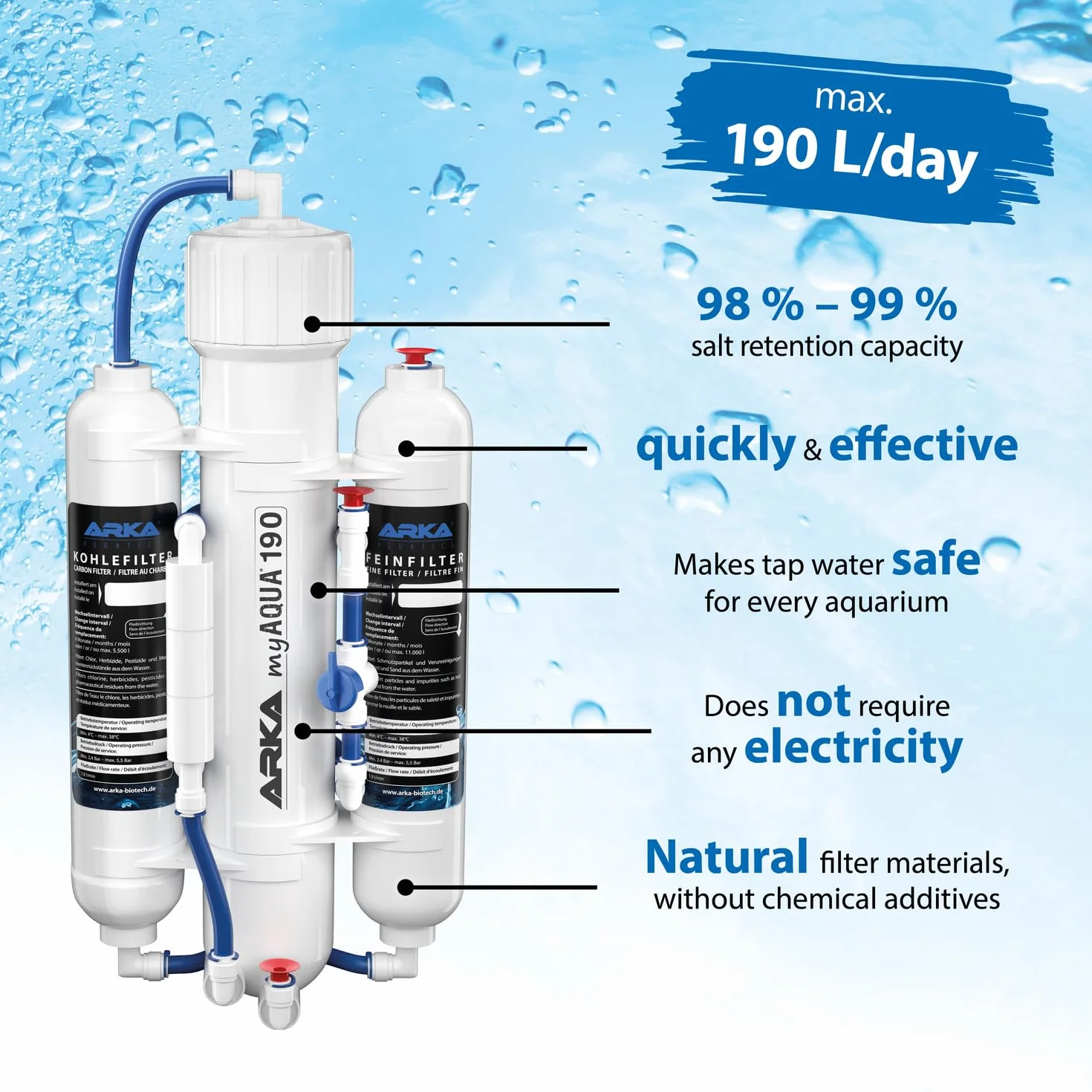 ARKA Aquatics myAqua190 – urządzenie do odwróconej osmozy, do 190 l/dzień, filtruje do 99% szkodliwych substancji, soli i bakterii z wody, idealne do każdego akwarium z wodą morską i słodkowodną,