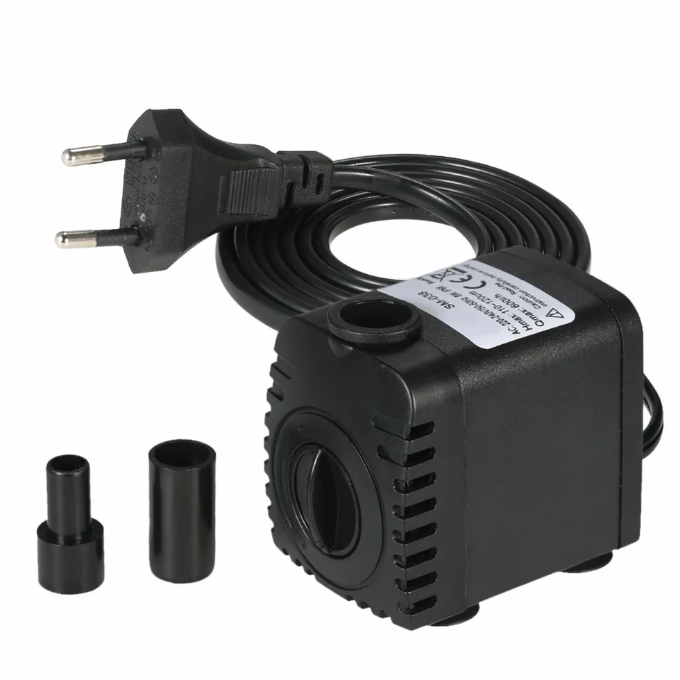 Decdeal Zatapialna pompa wodna 600L/H 8 W do akwarium fontann stołowych, stawów, ogrodów wodnych i systemów hydroponicznych z 2 dyszami AC220-240V