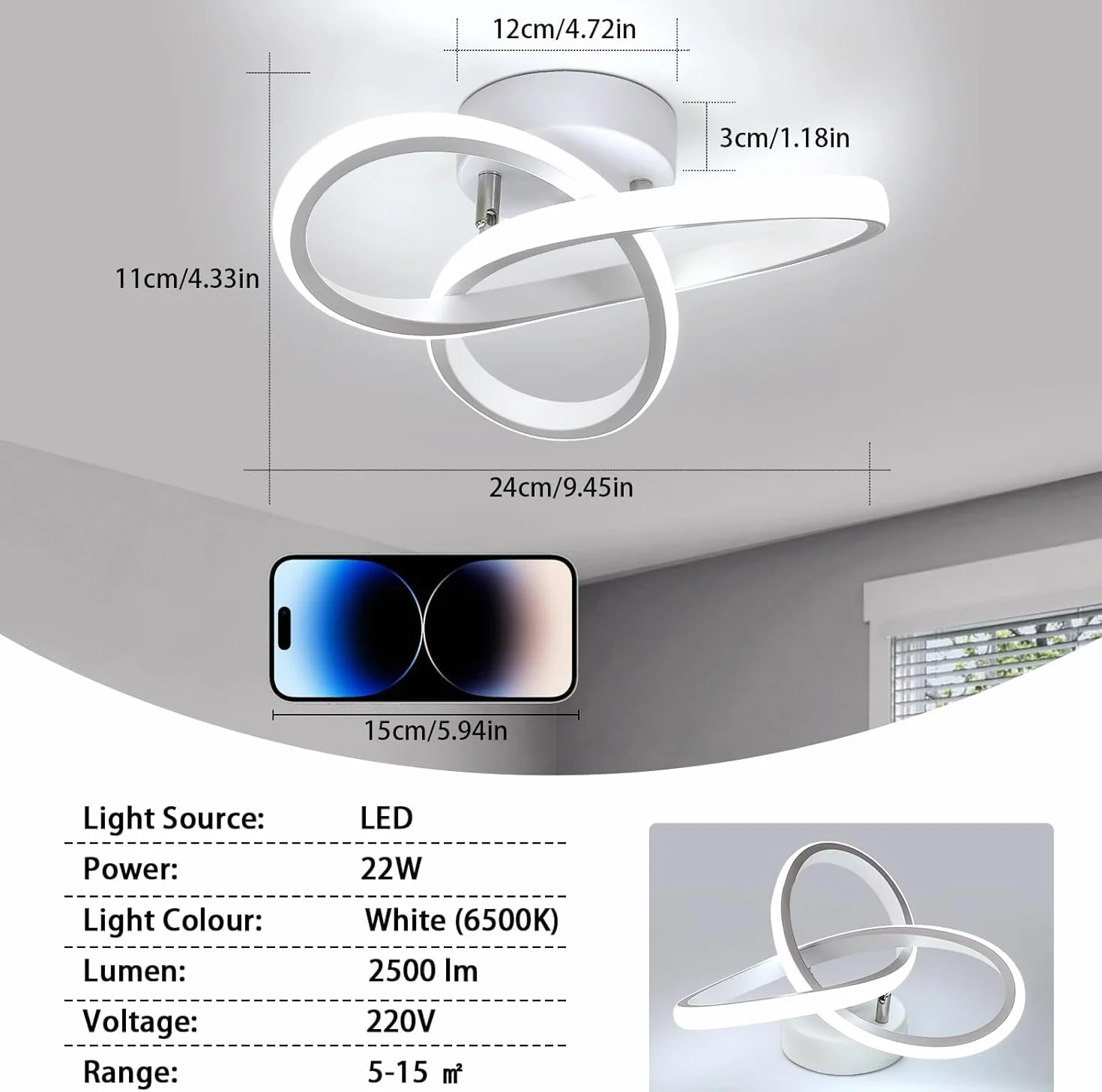 Nowoczesna lampa sufitowa LED, 22W 2500lm Kreatywna lampa sufitowa LED w kształcie kwiatu, oświetlenie sufitowe do sypialni Salon Kuchnia Łazienka Korytarz, 24 * 11 CM, chłodna biel 6500 K