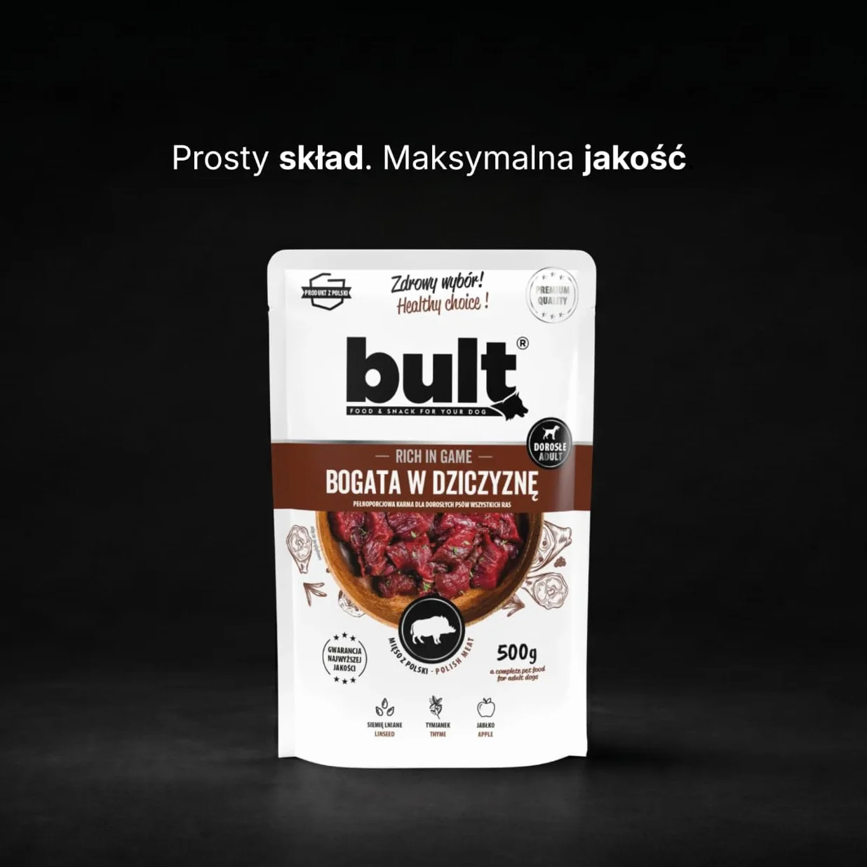 BULT, Mokra Karma dla Psa, Mielonka z Dziczyzną, 500g, Dla Dorosłych Psów, Saszetka, Z Siemieniem Lnianym i Tymiankiem, Bez Sztucznych Dodatków