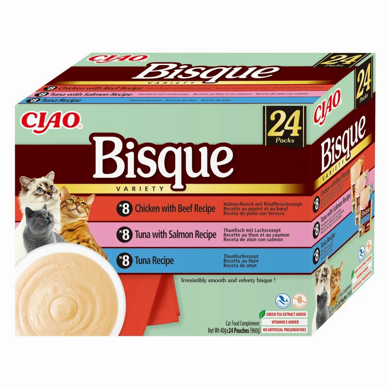 INABA CIAO Bisque z kurczaka i tuńczyka z wołowiną i łososiem, mokra karma dla kotów 24 x 40 g