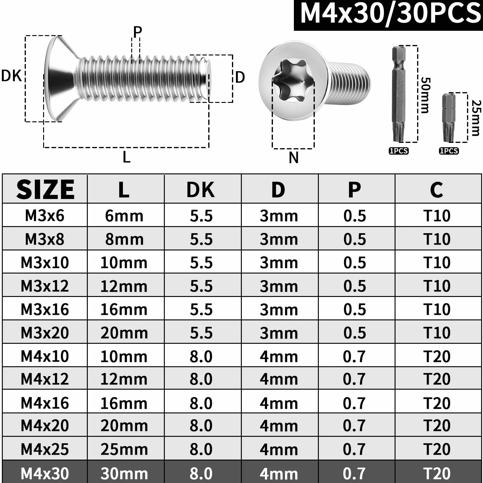 30 sztuk śrub z łbem wpuszczanym M4 x 30 mm, śruby z łbem wpuszczanym M4, stal nierdzewna A2 V2A, z gniazdem Torx/sześciogwiazdkowym, do urządzeń, maszyn, mebli