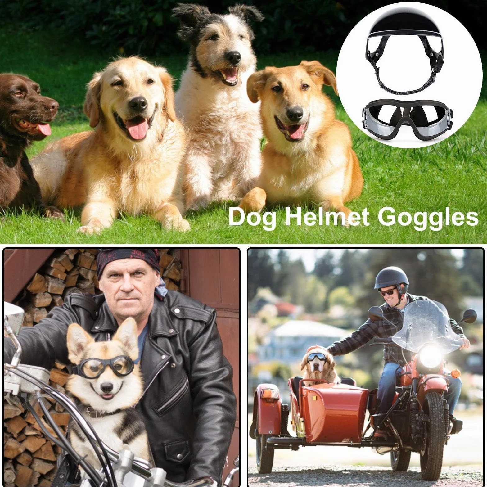 Kask i gogle dla psa zestaw kask i gogle dla psów, okulary przeciwsłoneczne dla psów regulowane czapki dla psów osłona głowy dla małych, średnich i dużych psów S//L (kod L kask sportowy +01 srebrny)