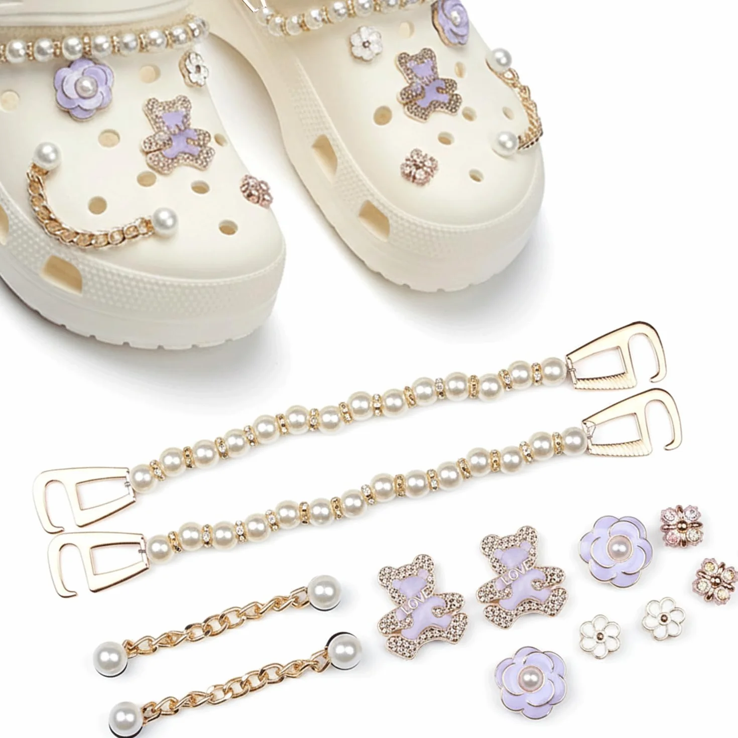 LEMONSTONE Crocs Charms Pins zestaw 12 sztuk, zdejmowane, urocze przypinki do butów z kwiatem, perłą, miś dla dzieci, dziewcząt i kobiet, błyszczące przypinki Croc (fioletowe)
