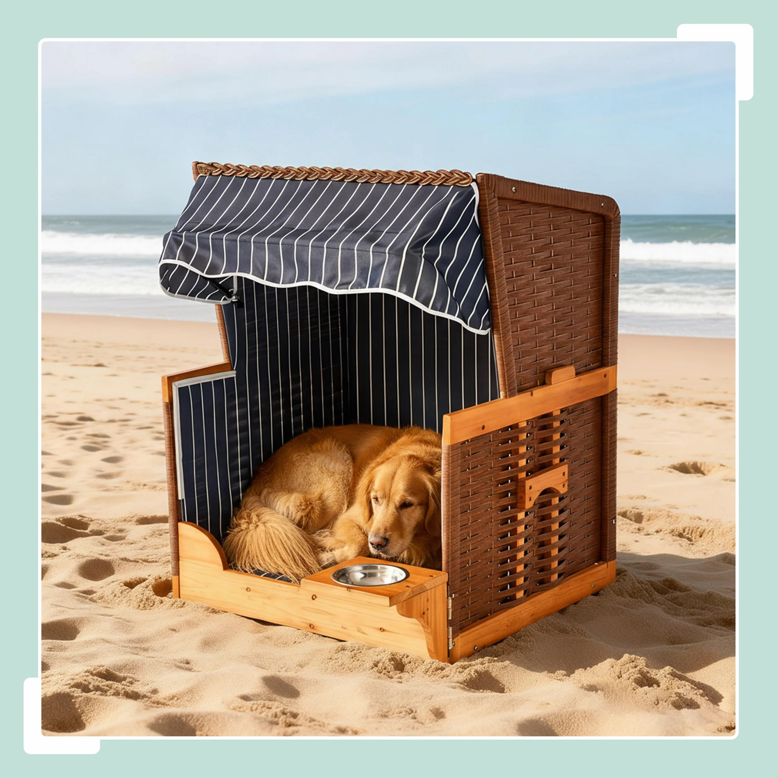 Relaxdays Krzesło plażowe dla psa z rattanem, baldachimem, miską, drewno sosnowe, ciemnoniebieski, 95 x 75 x 65 cm