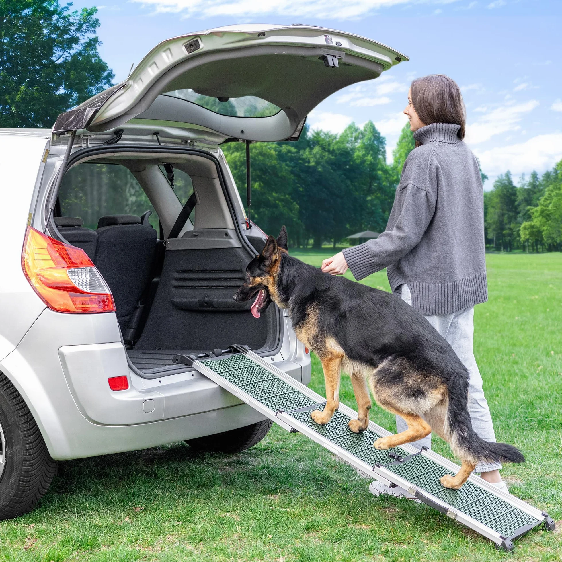 Samochodowa rampa dla psów składana – stabilna i antypoślizgowa drabina dla psów do samochodu i SUV-a, obciążenie do 90 kg, teleskopowa, aluminiowa rampa dla dużych psów, odblaskowe boki, schody dla