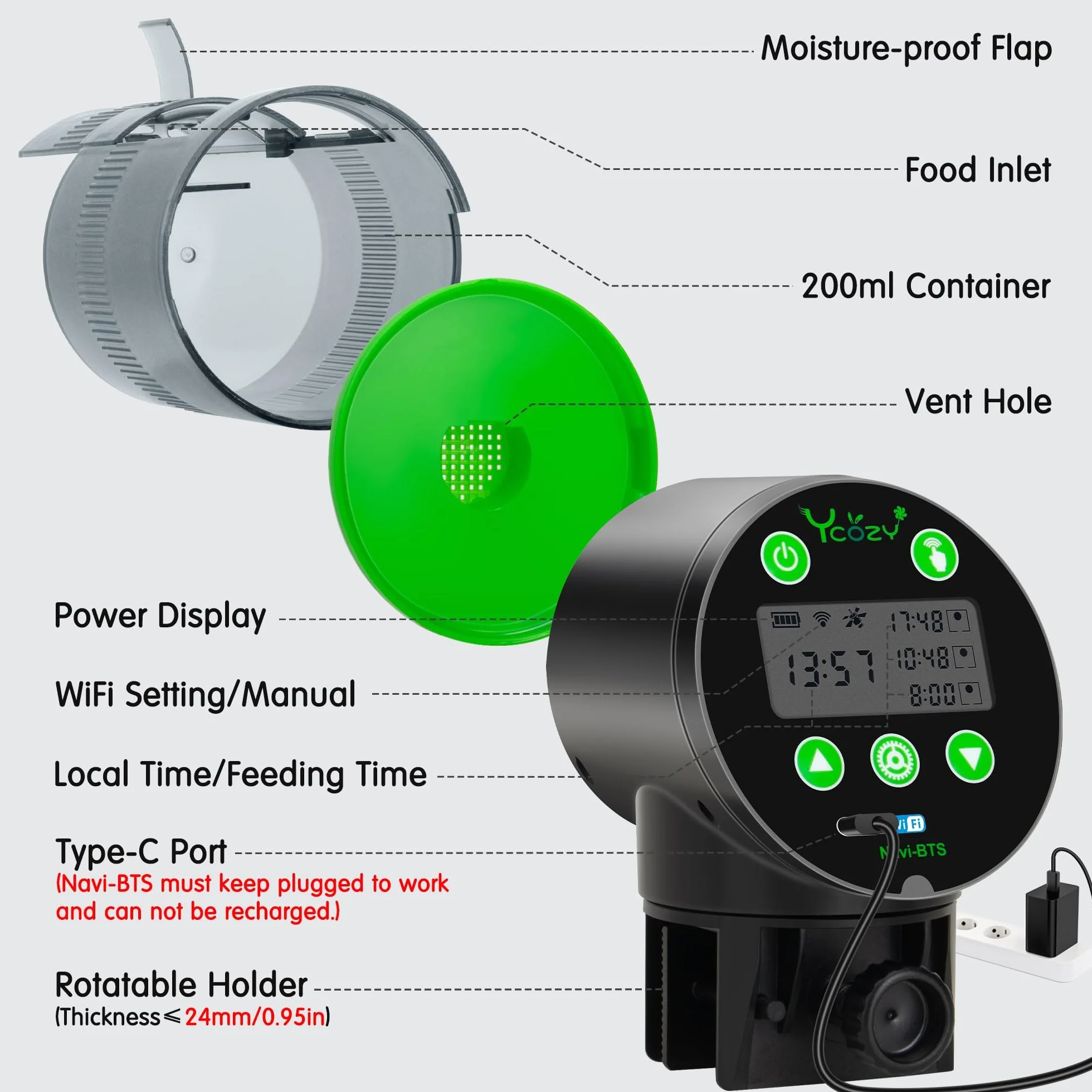Ycozy Nawigator BTS automatyczny karmnik dla ryb z wyświetlaczem LCD, sterowany timer, ładowanie USB