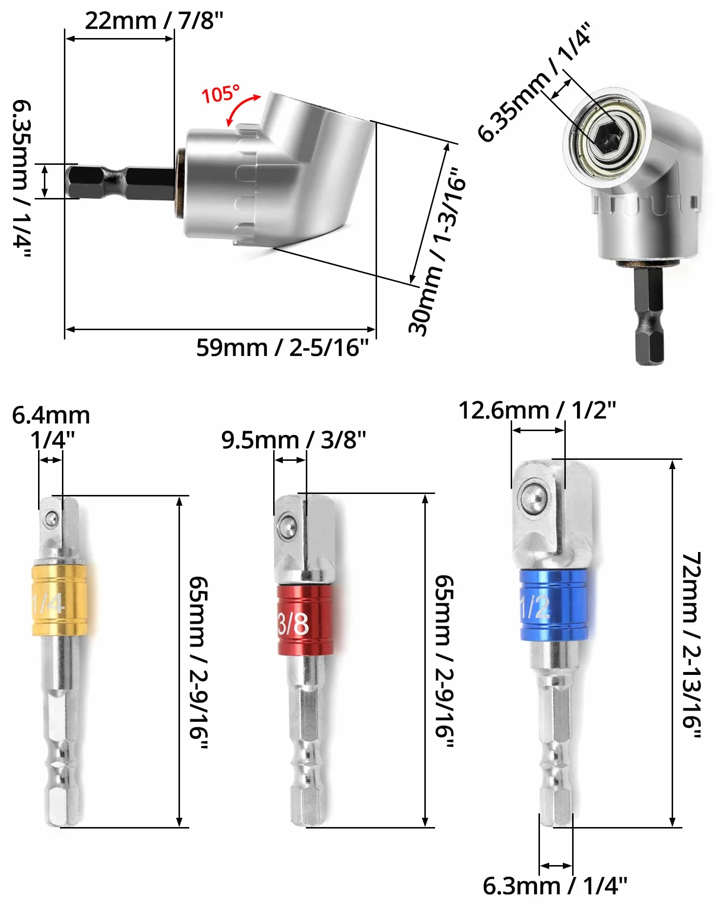 QWORK® Adapter do wkrętarki kątowej 105°, adapter kątowy do wkrętarki akumulatorowej, wiertło z chwytem sześciokątnym, z 3-częściowym adapterem nasadowym 1/4" 3/8" 1/2"