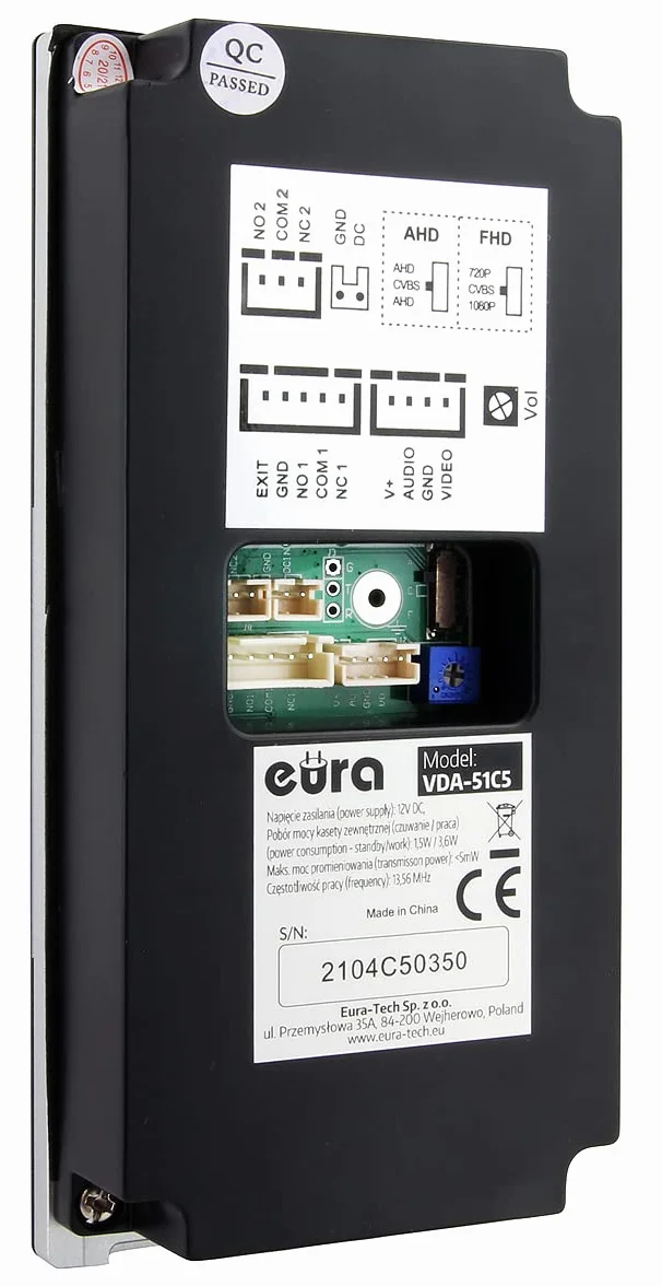 EURA VDP-99C5 4-przewodowy wideodomofon, kolorowy monitor 10", 2 wejścia, WiFi, szyfrowanie, RFID, 1080p, czarny
