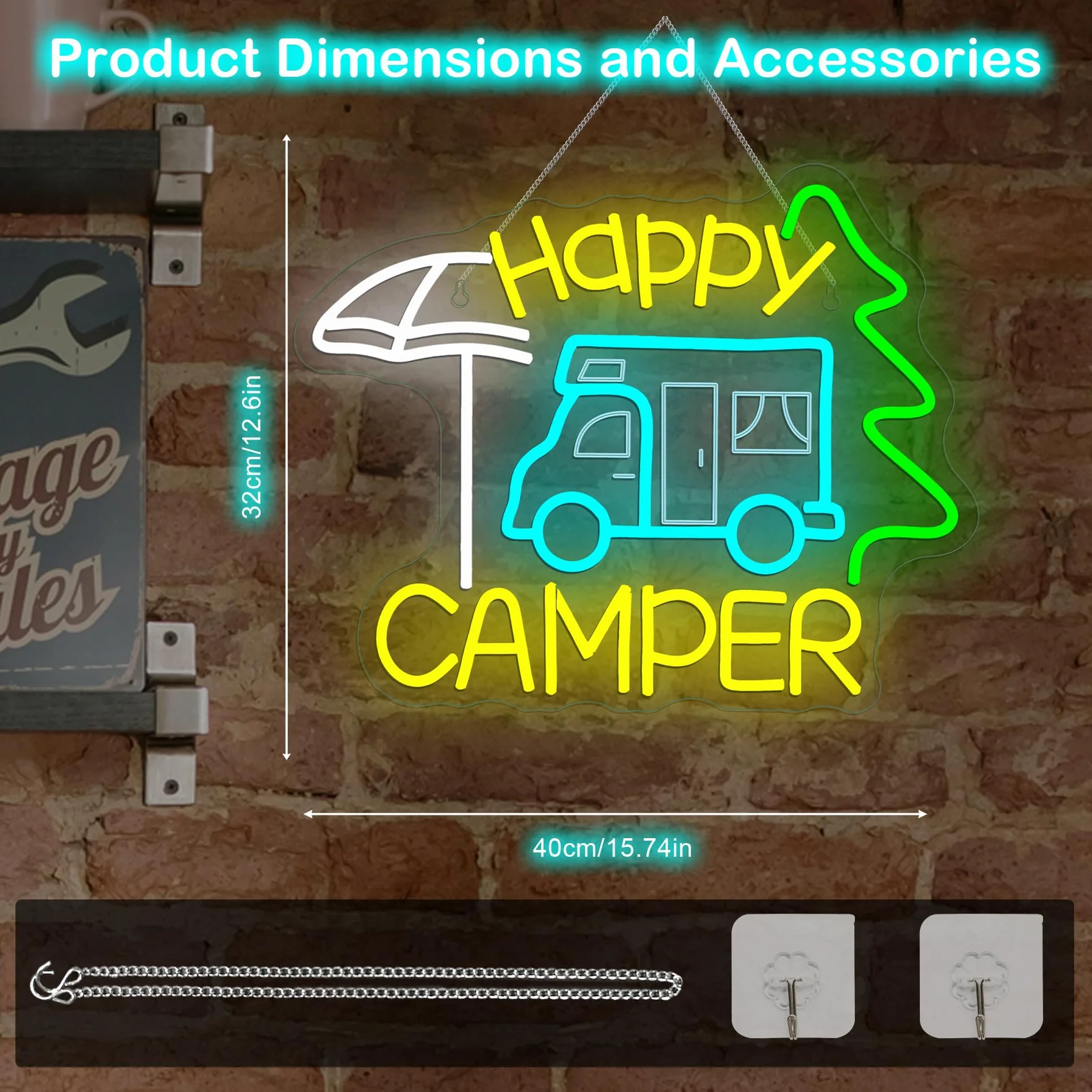Szyld neonowy Happy Camper, szczęśliwy camper LED, napis LED do kamperów, reklama świetlna do dekoracji miejsc takich jak kemping, pikniki, biwak, namiotowe miejsce, taras, ogród