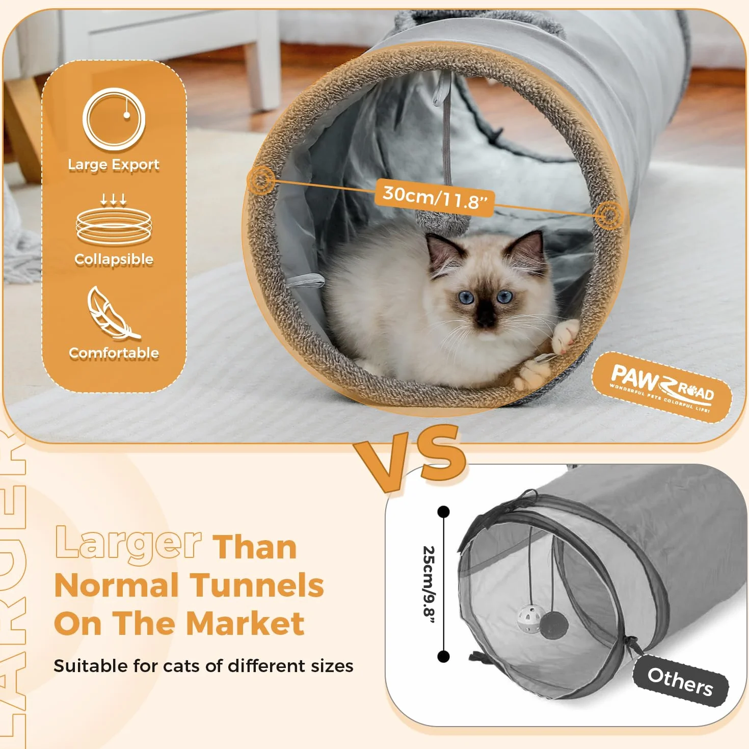 PAWZ Road Piękny składany tunel dla kotów, zabawka z piłką, tunel szelestowy, tunel do zabawy dla kotów, 130 cm x 30 cm, zabawka dla królików, szary tunel dla kotów mieszkalnych