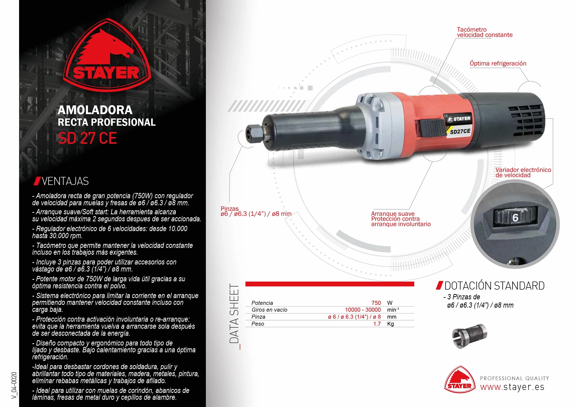 Szlifierka prosta A stała prędkość 'z elektronicznym regulatorem VELOCITA' 750 W Stayer sd27ce