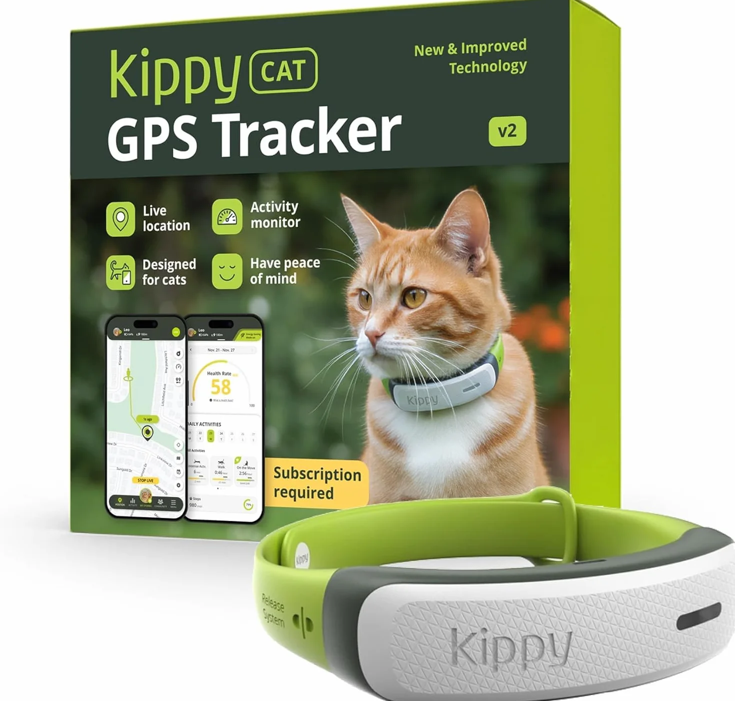 Kippy CAT V2 – Obroża GPS dla kotów – Lokalizator i tracker zdrowia oraz aktywności – Obroża GPS z systemem anty-samodławiającym – Tworzenie wirtualnych stref bezpieczeństwa