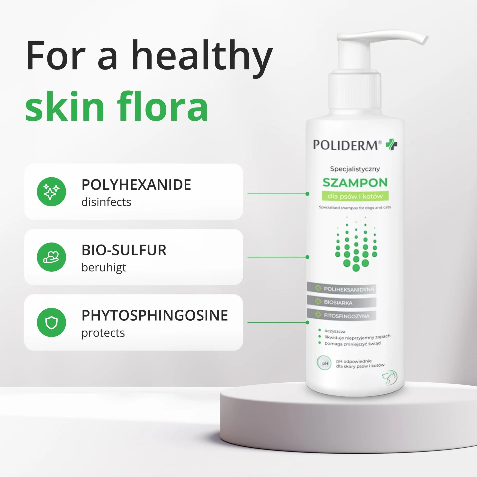 SZAMPON 250 ml, na świąd i łupież, z poliheksanidyną, biosiarką i fitosfingozyną, pielęgnacja wrażliwej skóry skłonnej do łupieżu, dermatoz i stanów zapalnych, zdrowa skóra i lśniącą sierść