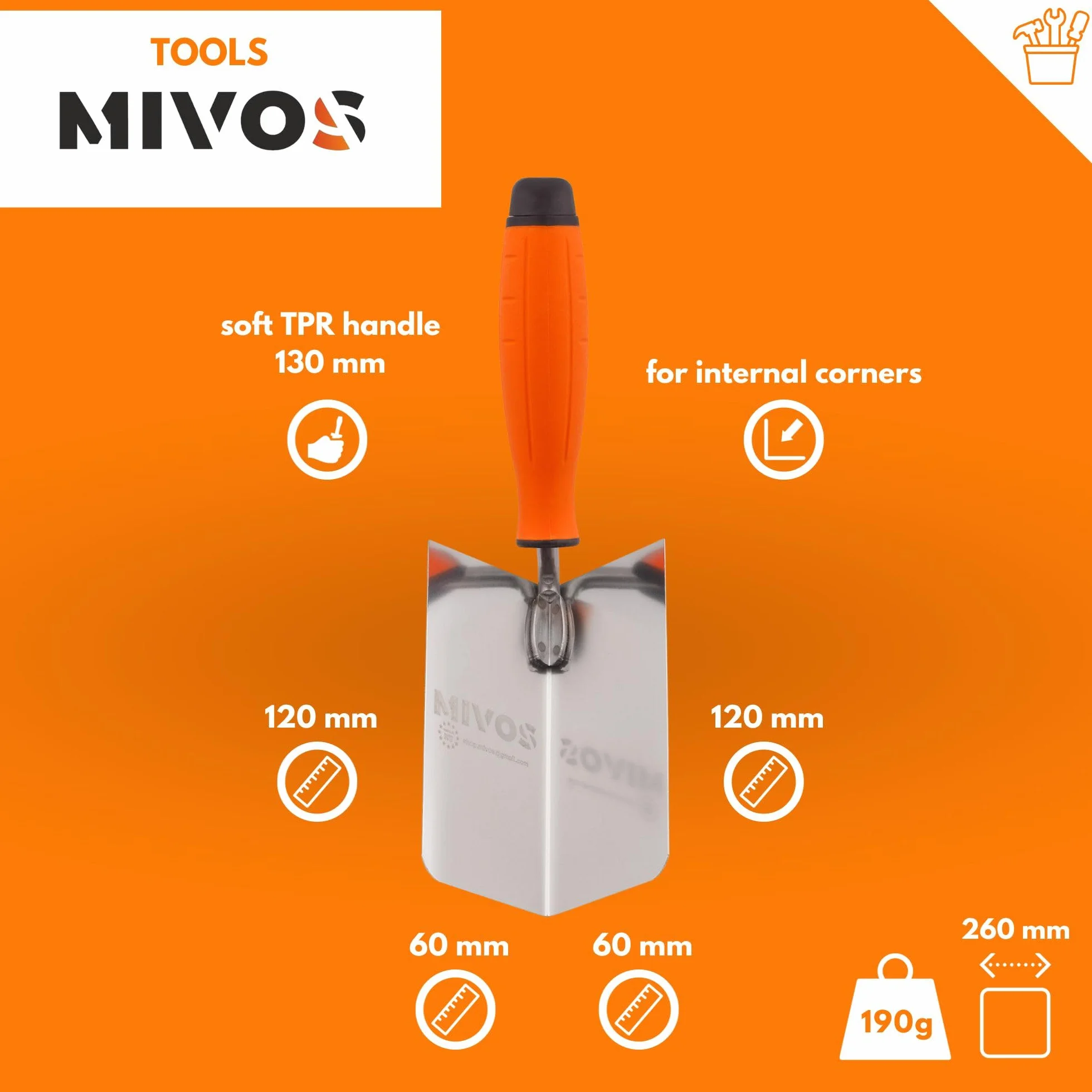 Mivos kielnia narożna ze stali nierdzewnej 120 x 60 mm – wewnętrzna i zewnętrzna z miękkim uchwytem