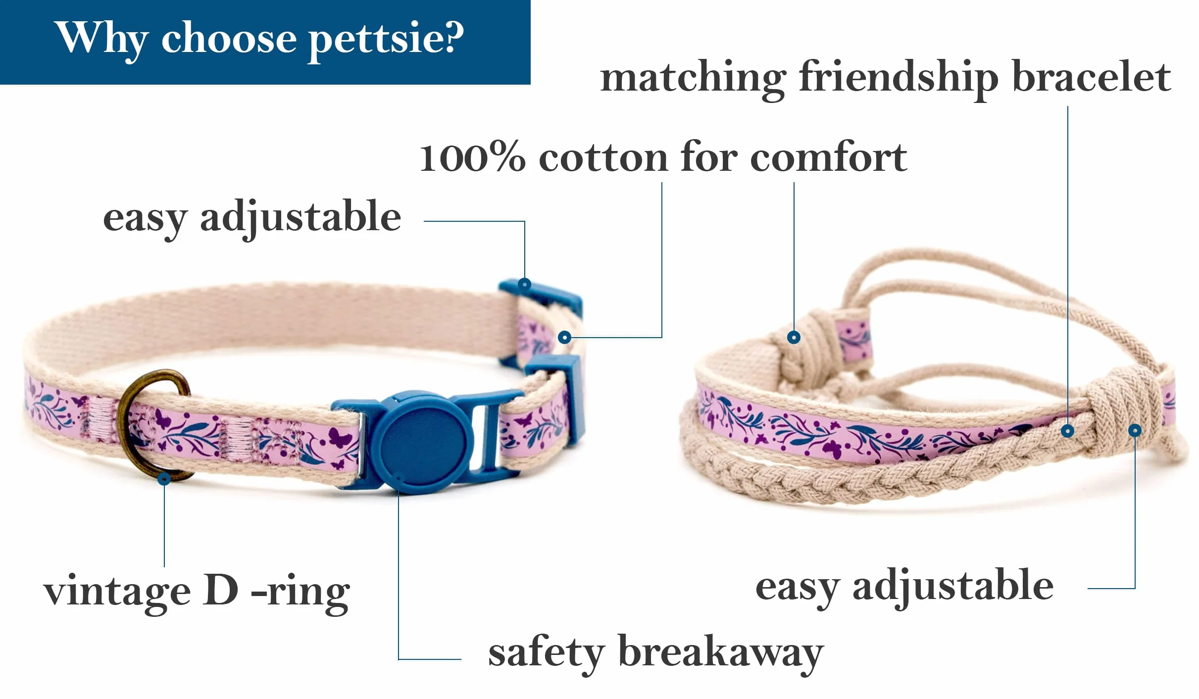 Pettsie Bransoletka przyjaźni dla kota z obroży, 100% bawełna, regulowana 19-29 cm, fioletowa