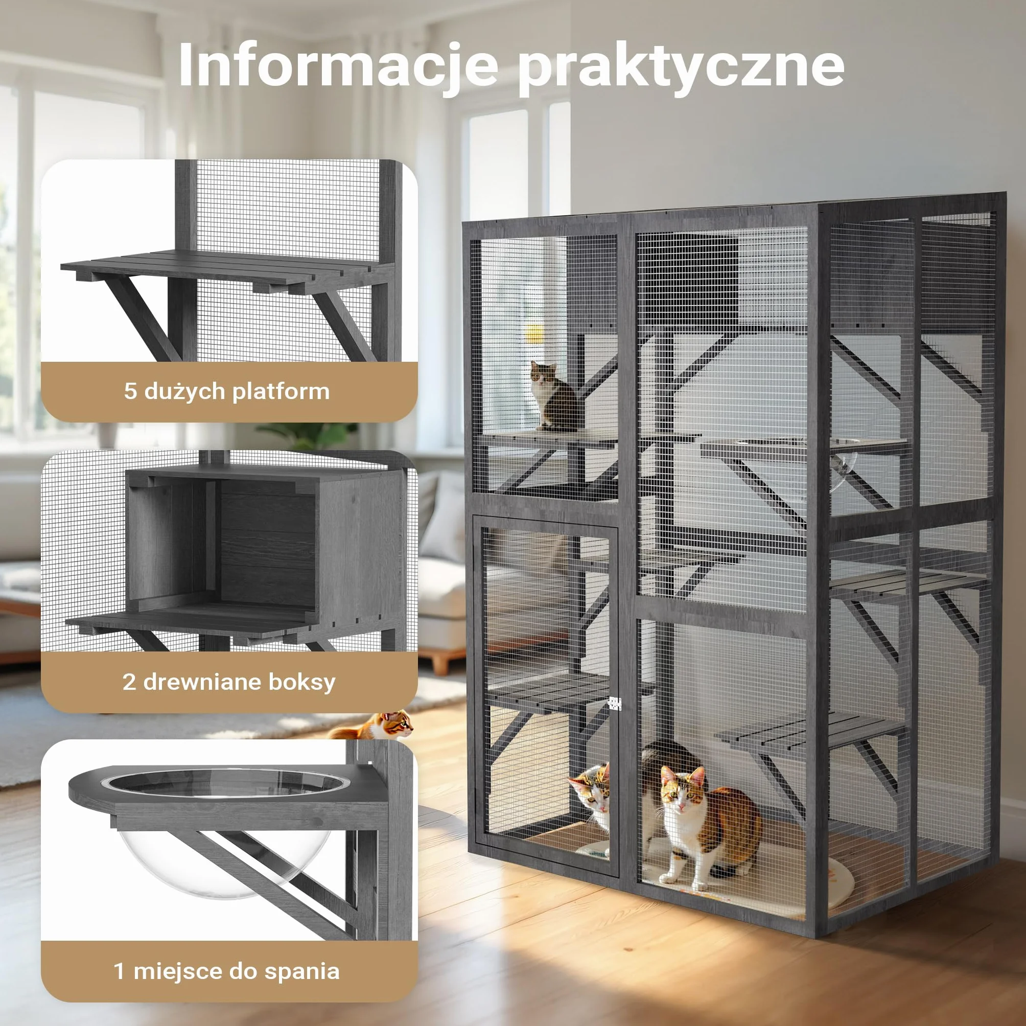 Wiltec Woliera dla kota 116 x 82 x 175,7 cm, z drewna i powłoką PVC na balkon i do ogrodu, 5 poziomów, legowisko i 2 drewniane boksy