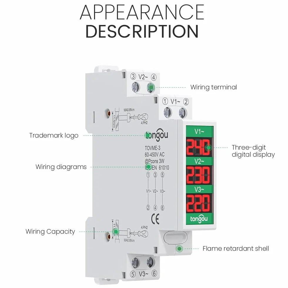 Mini modular Din Rail Mount trójfazowy miernik napięcia z cyfrowym wyświetlaczem LED – Ac 60-450 V Gauge Detektor TONGOU
