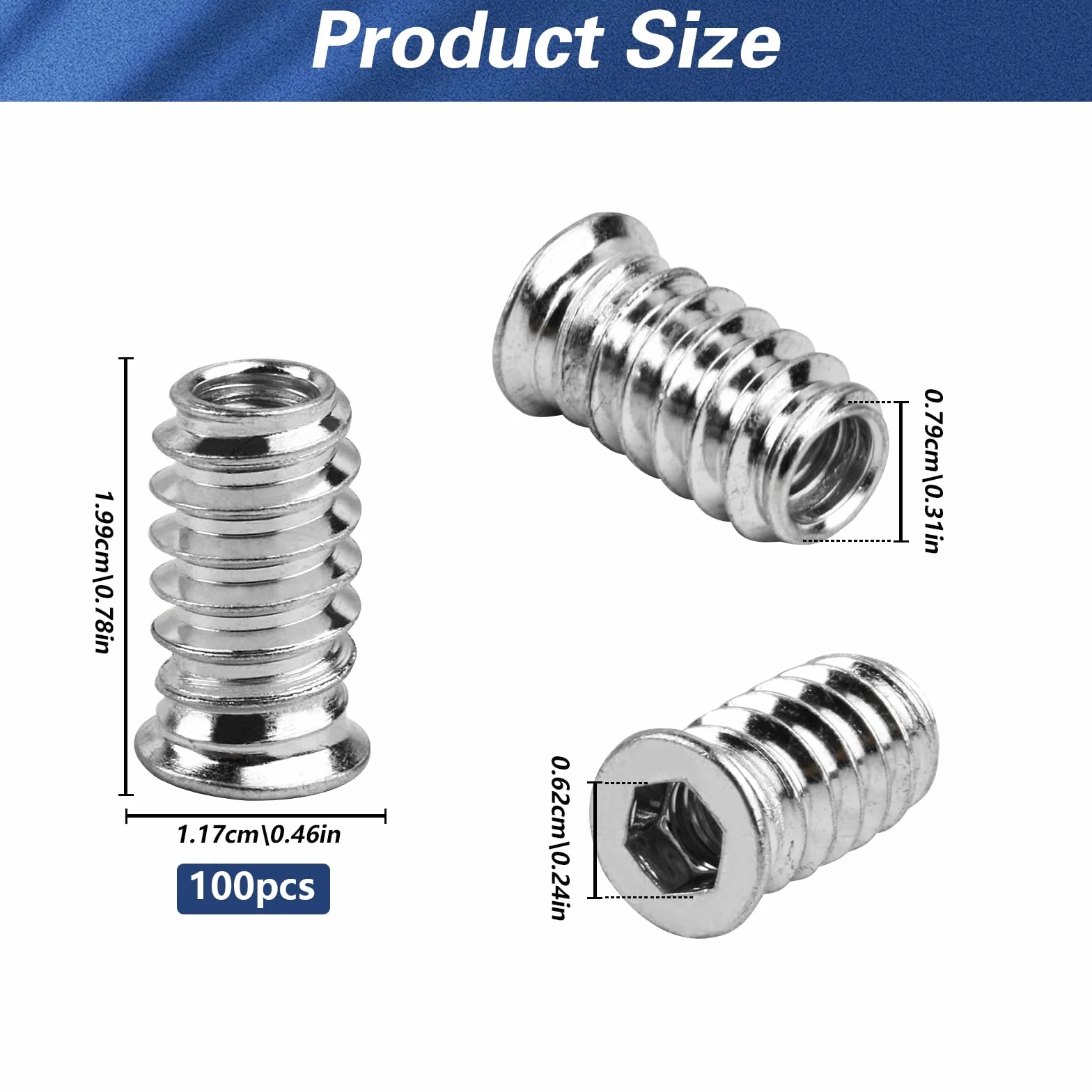 100 sztuk nakrętek wkręcanych M6 x 20 mm, wkładka gwintowana do drewna, mufy wkręcane, wkładki gwintowane ze stali ocynkowanej, tuleje wkręcane, tuleje gwintowane do mebli drewnianych