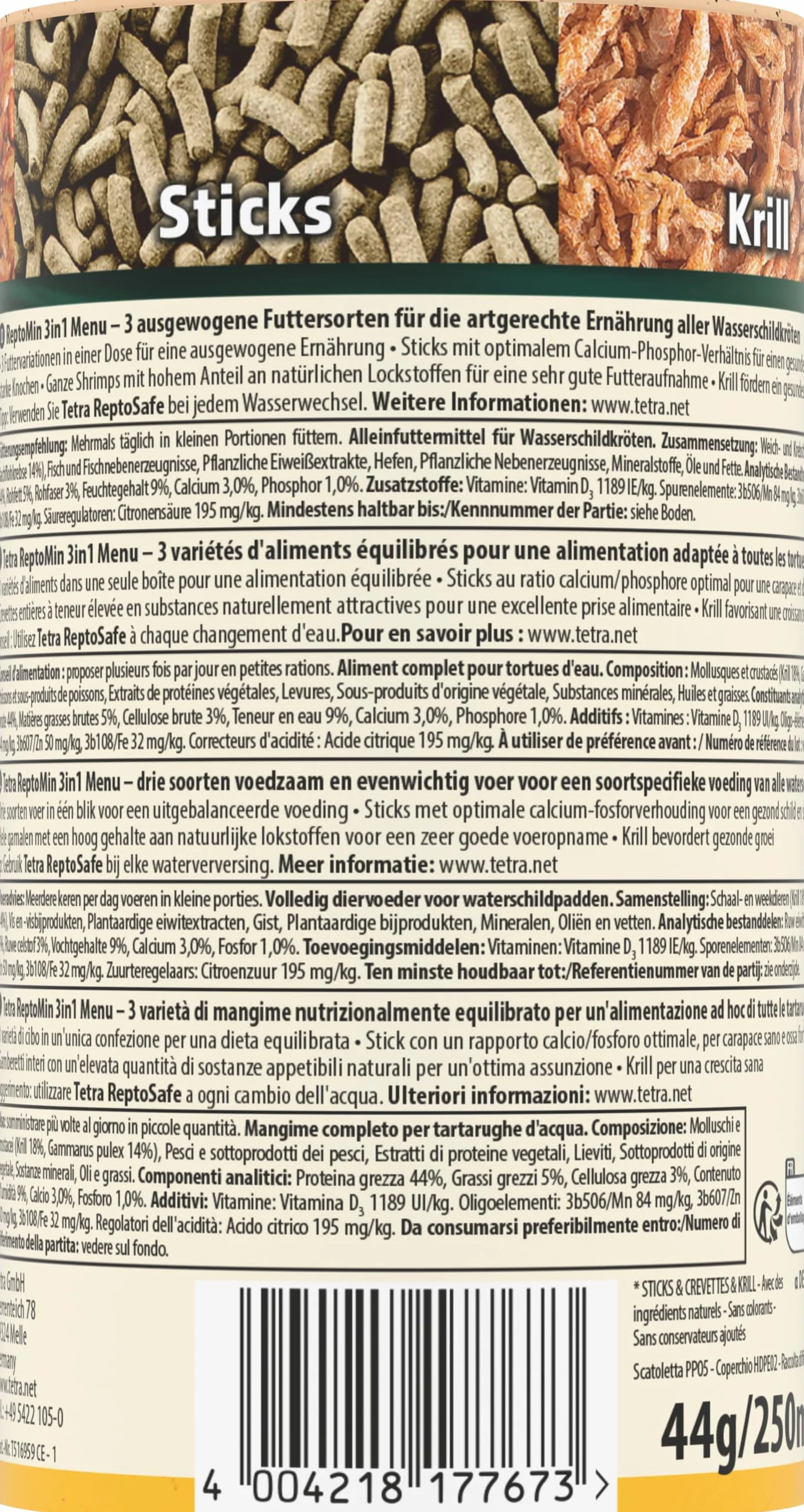Tetra ReptoMin Menu karma dla żółwi – urozmaicona karma 3 w 1 z pałeczkami, krylem i krewetkami dla żółwi wodnych, puszka 250 ml