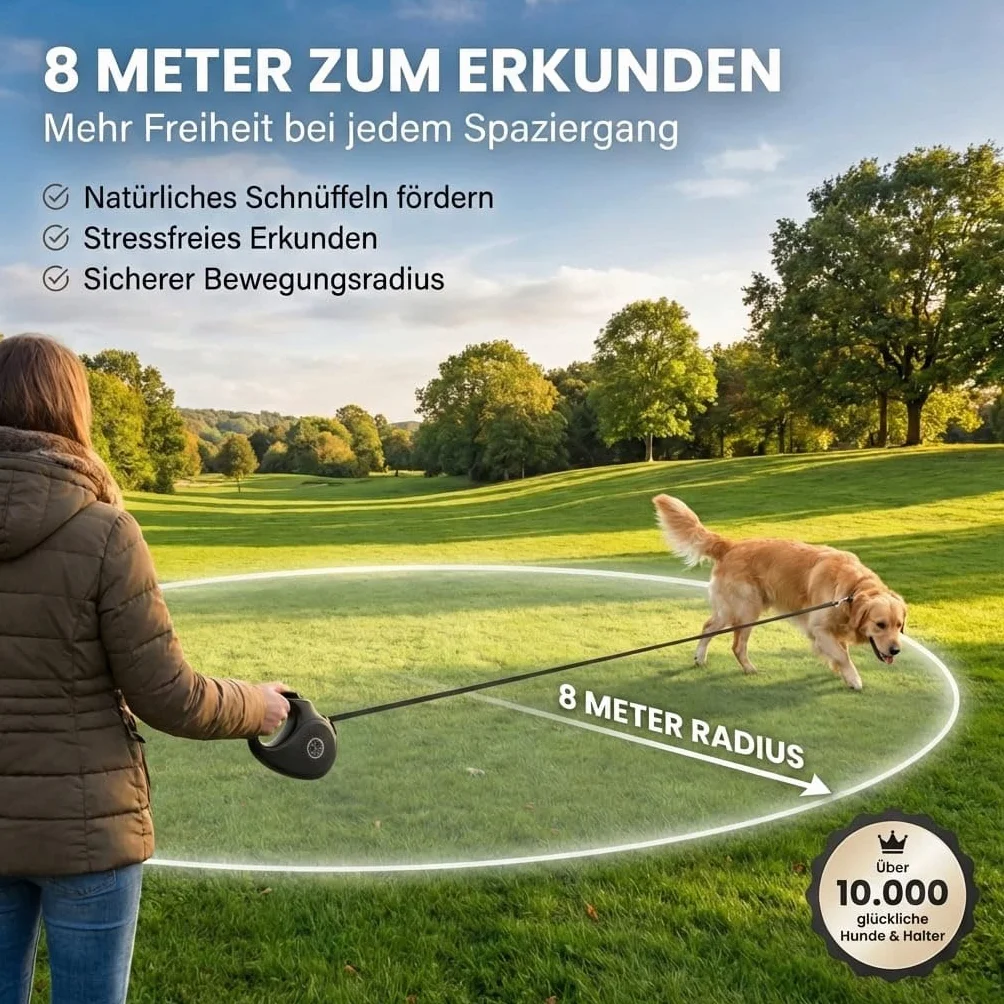 HUND IST KÖNIG rolowana smycz dla psa 8m dla małych i dużych psów | Wysokiej jakości smycz dla psa wysuwana z wygodnym uchwytem | Wytrzymała smycz wysuwanąca się | do 50kg