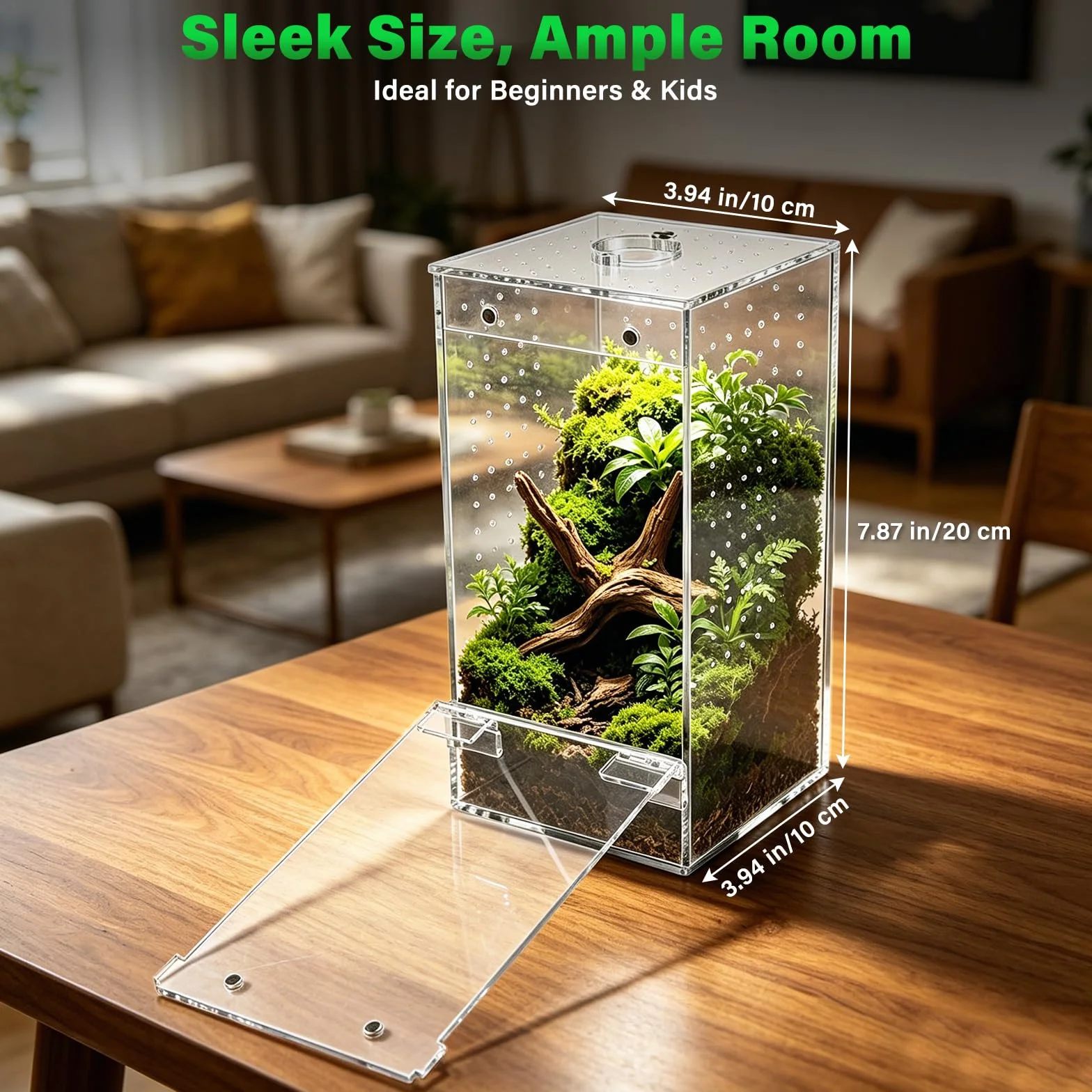 Homtone Akrylowe terrarium, terrarium owadów, terrarium ślimakowe z drzwiami magnetycznymi i otworem na karmę, odpowiednie dla pająków, ślimaków i owadów (10 x 10 x 20 cm)