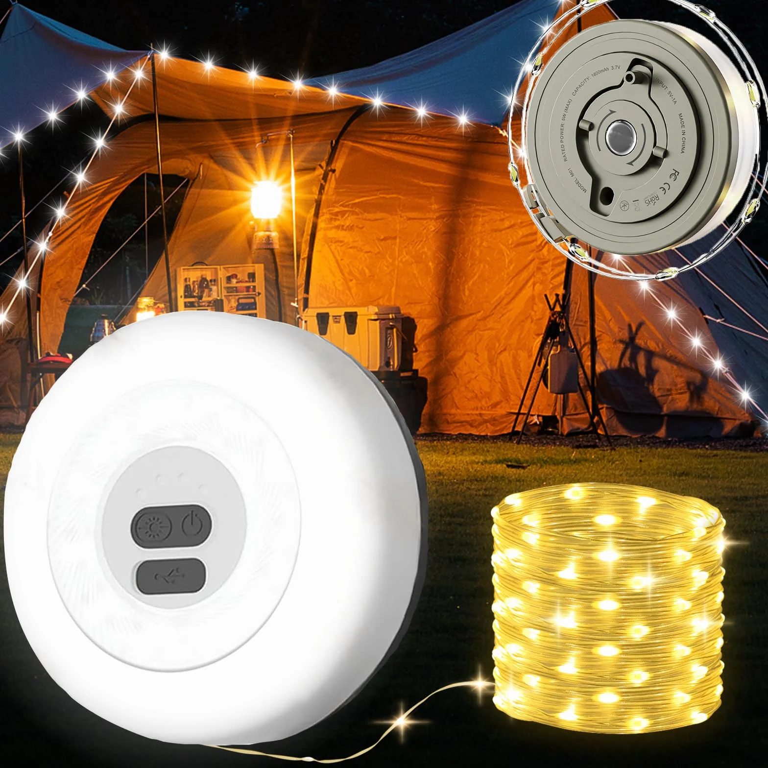 Yizhet Łańcuch światła kempingowego, 10 metrowy sznur kempingowego Akumulator USB IPX4 Wodoodporna lampa kempingowa do domu, ogrodu i podwórka, ciepłe białe
