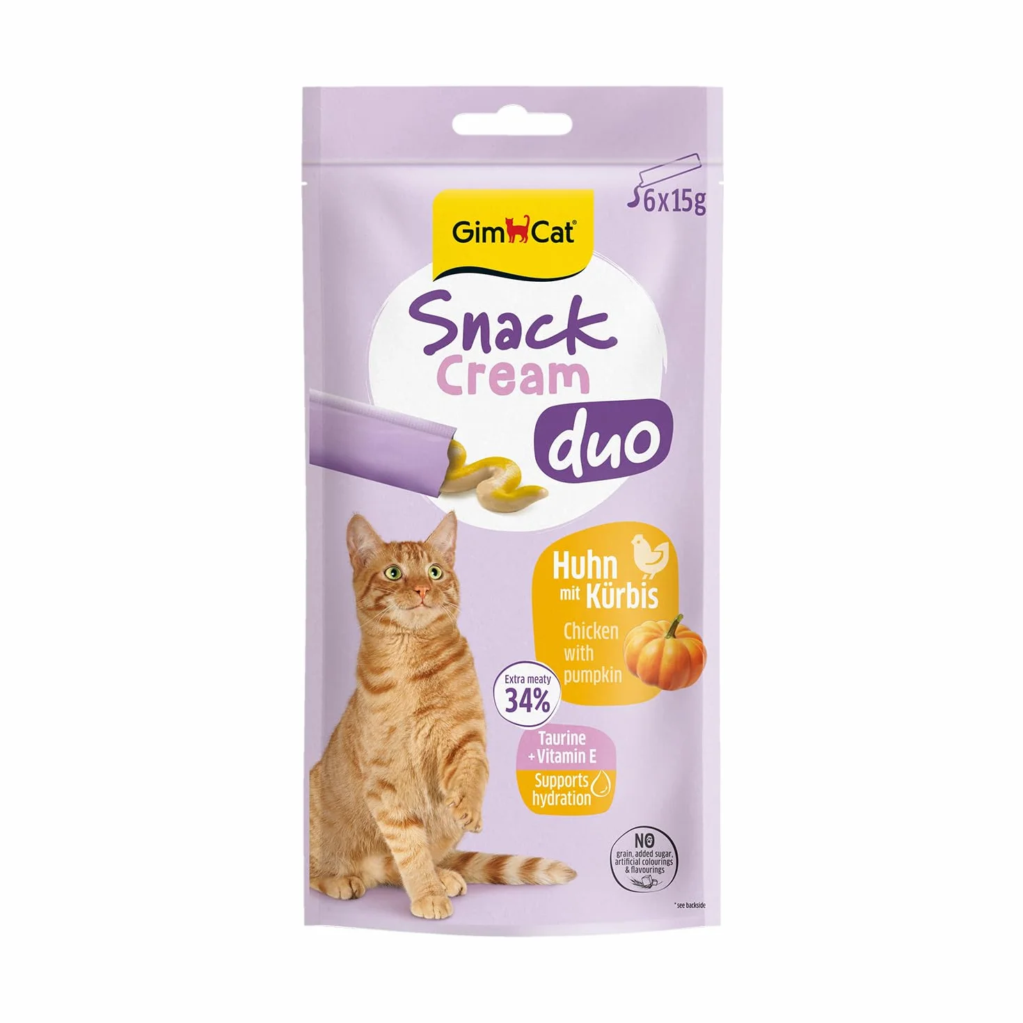 GimCat Snack Cream Duo kurczak i dynia – pyszny krem na przekąski dla kotów w praktycznych, pojedynczo zapakowanych porcjach – 6 sztuk (6 x 15 g)