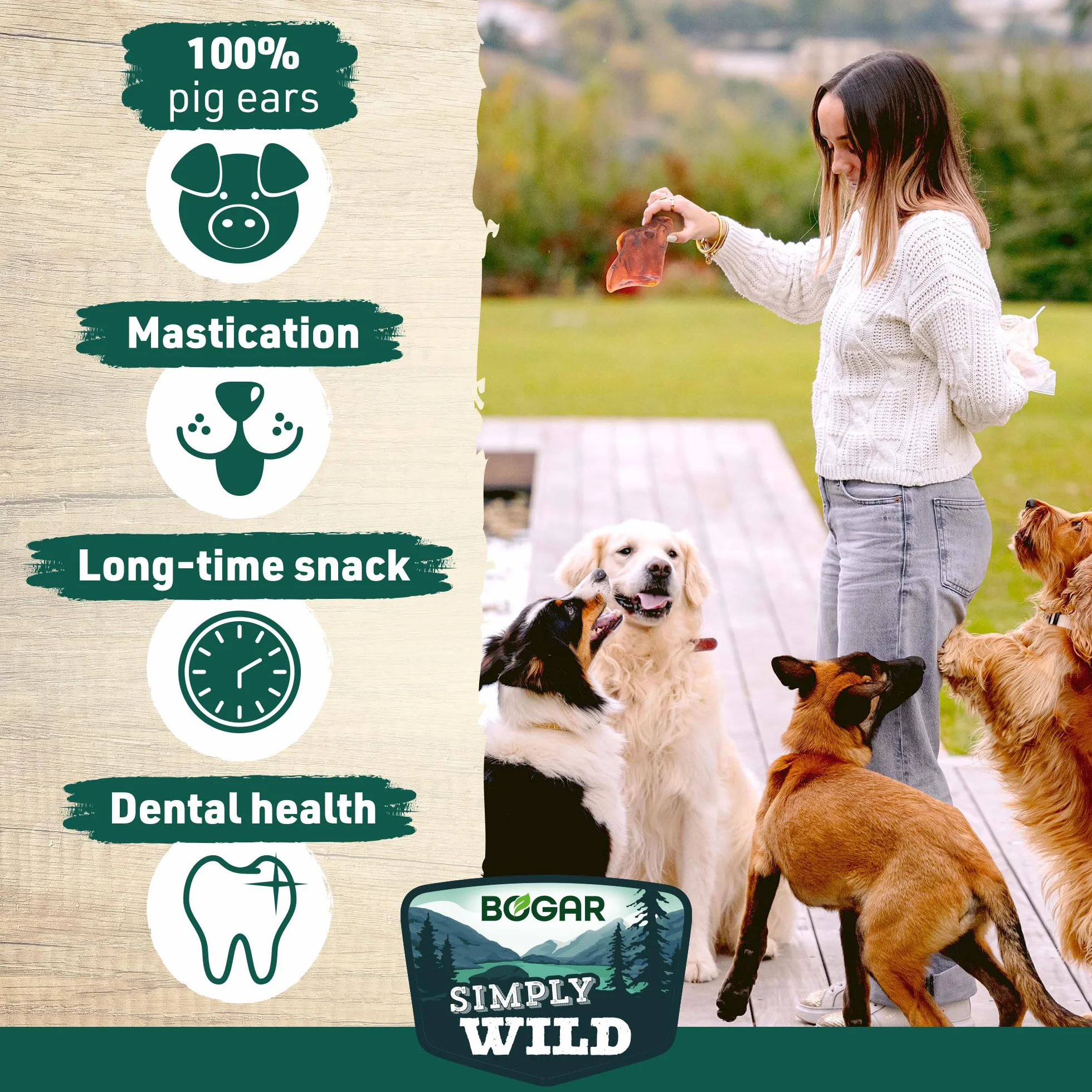 Bogar Simply Wild kość dla psów 2 suszone uszy wieprzowe przysmaki uzupełnienie diety