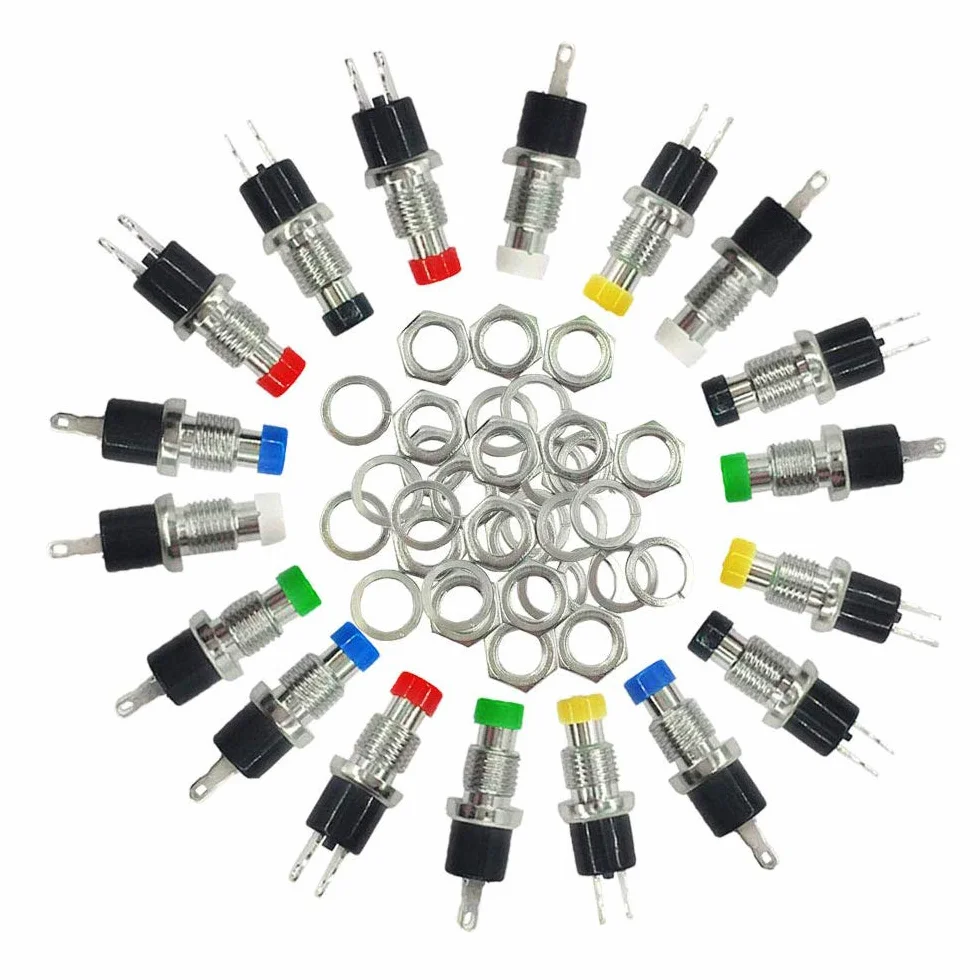 36 szt., Premium 7 mm, mini przełącznik przyciskowy, normalnie otwarty, 2-pinowy SPST mikroprzełącznik 1A 250V AC (6 kolorów)
