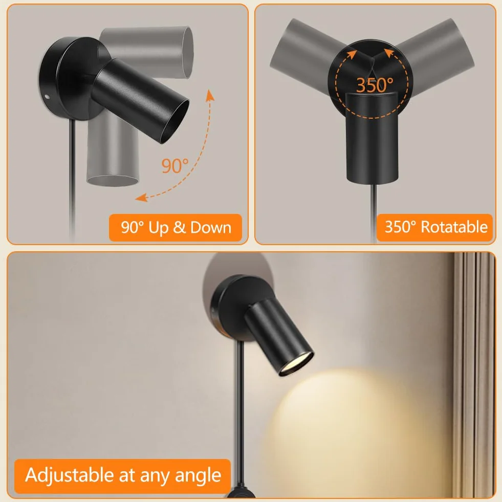 HOTUT GU10 Lampa ścienna, Lampa ścienna z wtyczką i kablem, czarny mat, obracana o 350° lampka nocna, Spot w metalu czarny, lampka do czytania, nowoczesna do sypialni, salonu, korytarz