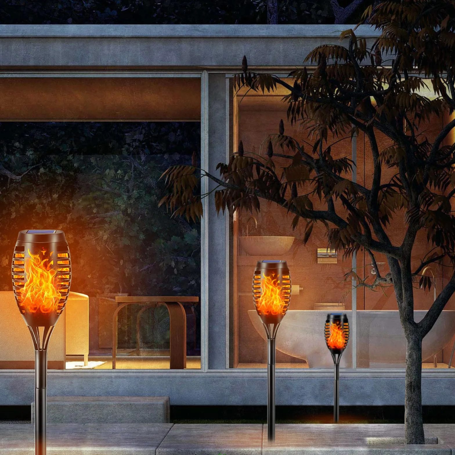 LQWELL Latarki solarne do ogrodu zewnętrznego, 6 sztuki, 12 diod LED, realistyczna lampa ścieżkowa z płomieniem, wodoodporność IP65, do trawnika, patio, dziedzińca (6 sztuki)